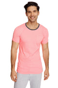 Pink short-sleeved coral slub tee with dark gray ribbed crew neck and chest pocket perfect for casual wear