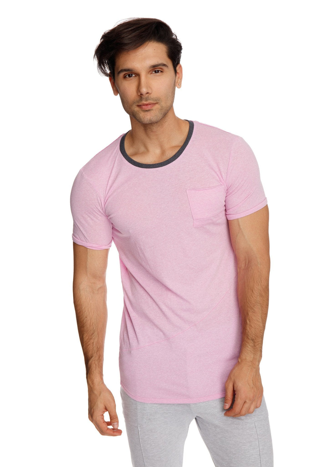 Pink perfect pocket crew-neck tee with dark gray ribbed crew neck and single chest pocket in iris slub fabric