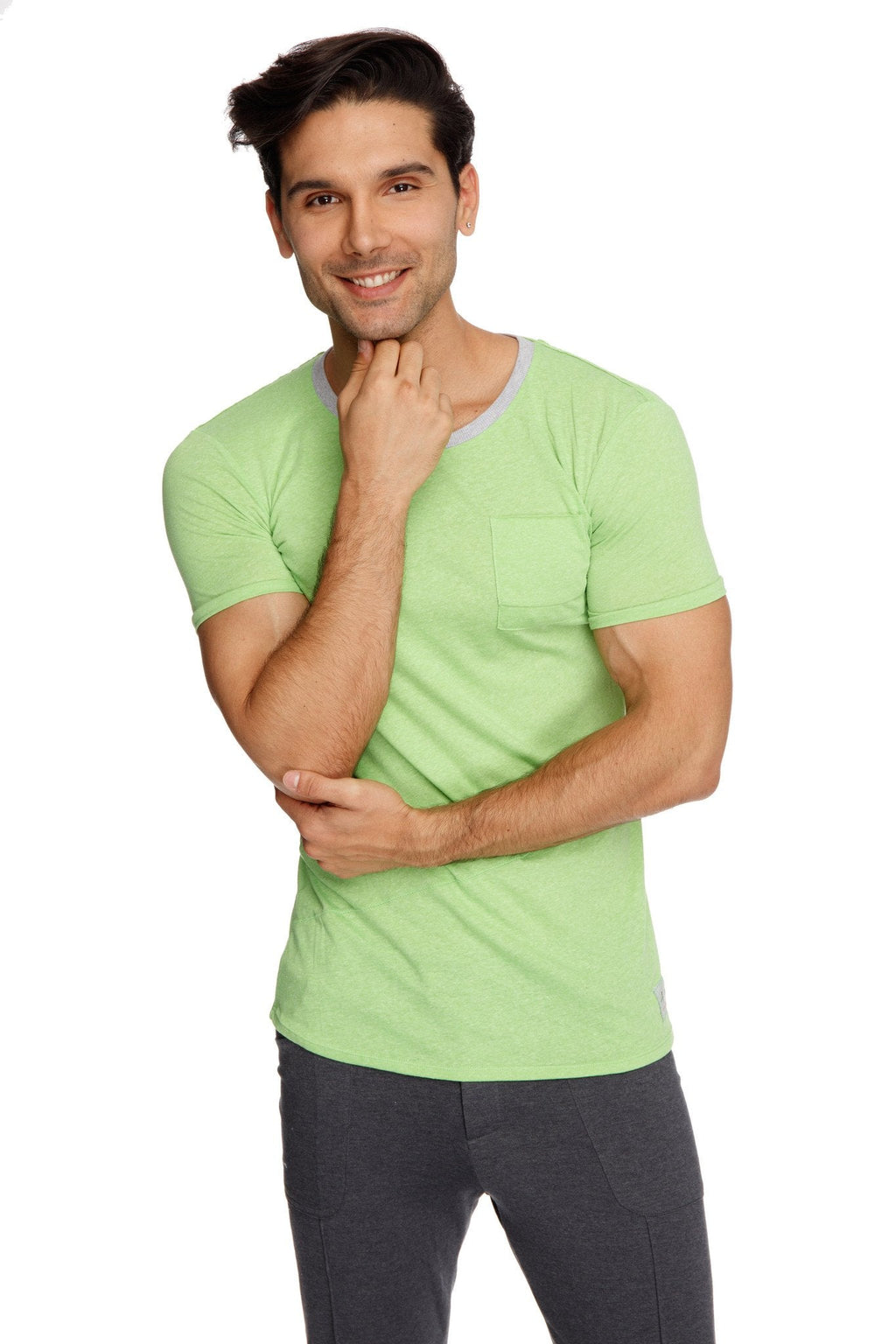 Light green lime slub short-sleeved crew-neck tee with subtle gray trim on neckline and chest pocket