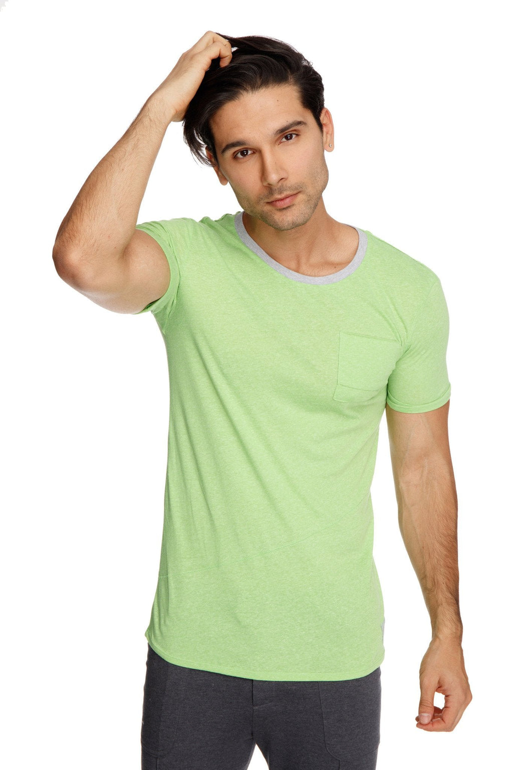 Light green perfect pocket crew-neck tee with subtle gray ribbed neckline and single chest pocket in lime slub fabric
