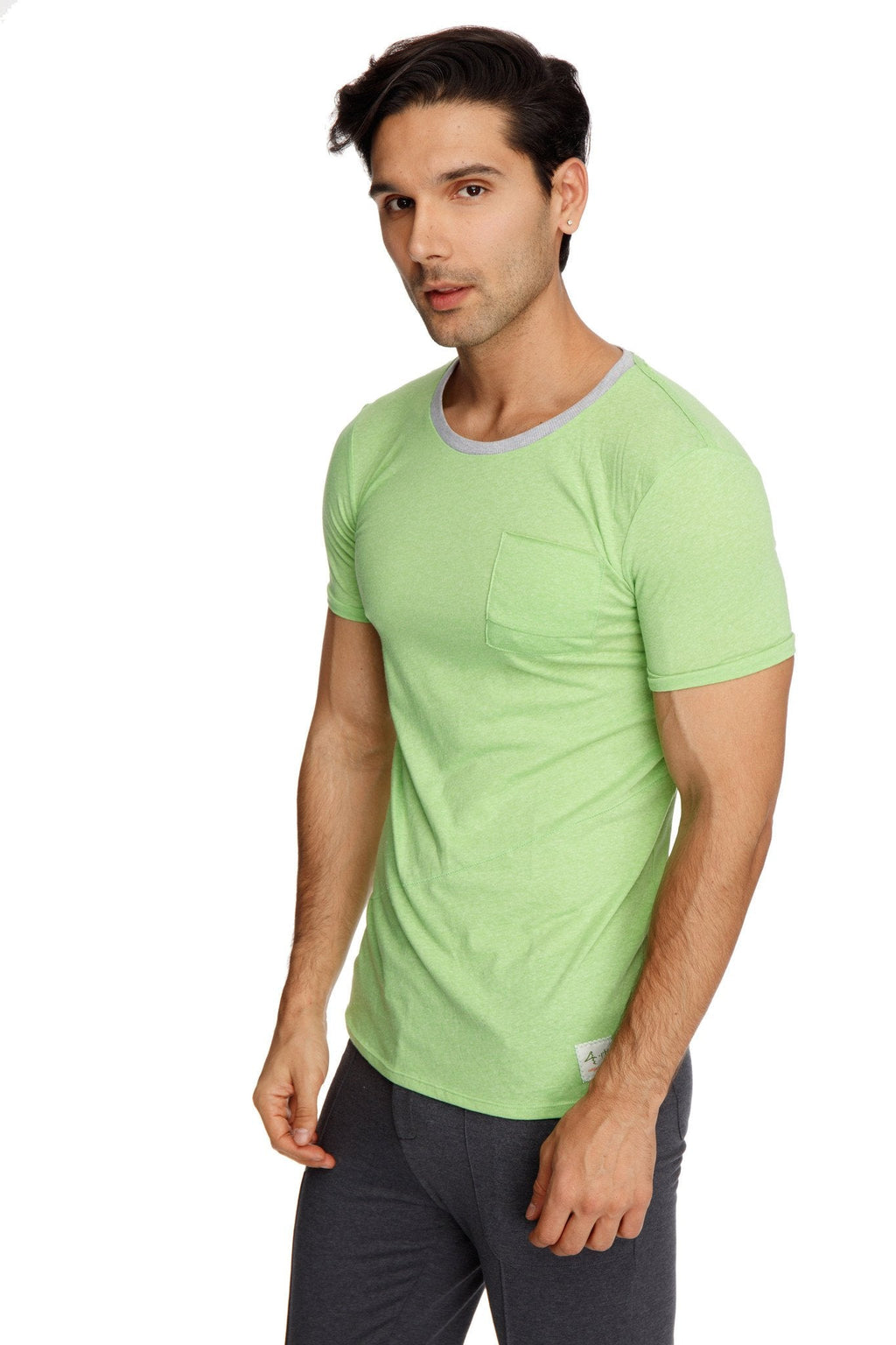 Light green short-sleeved perfect pocket crew-neck tee with gray ribbed collar and left chest pocket in lime slub fabric