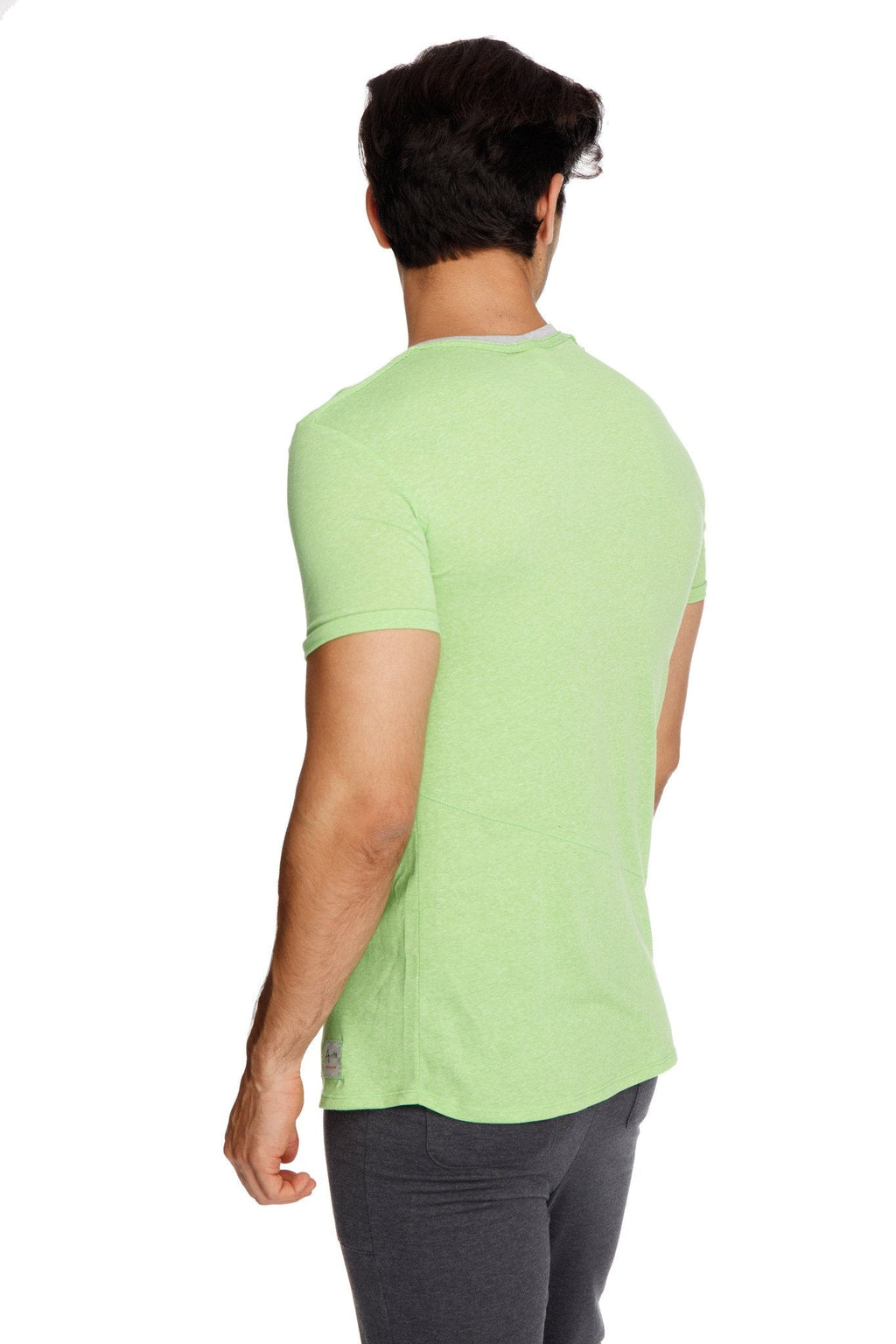 A light green short-sleeved men’s crew neck tee with subtle ribbed collar trim called perfect pocket crew-neck tee lime slub