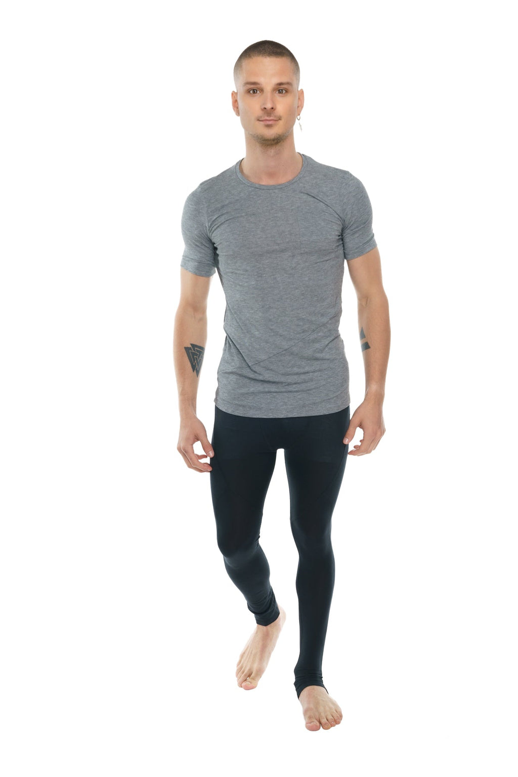 Gray short-sleeved athletic t-shirt with subtle heathered texture and ribbed crew neckline perfect for workouts