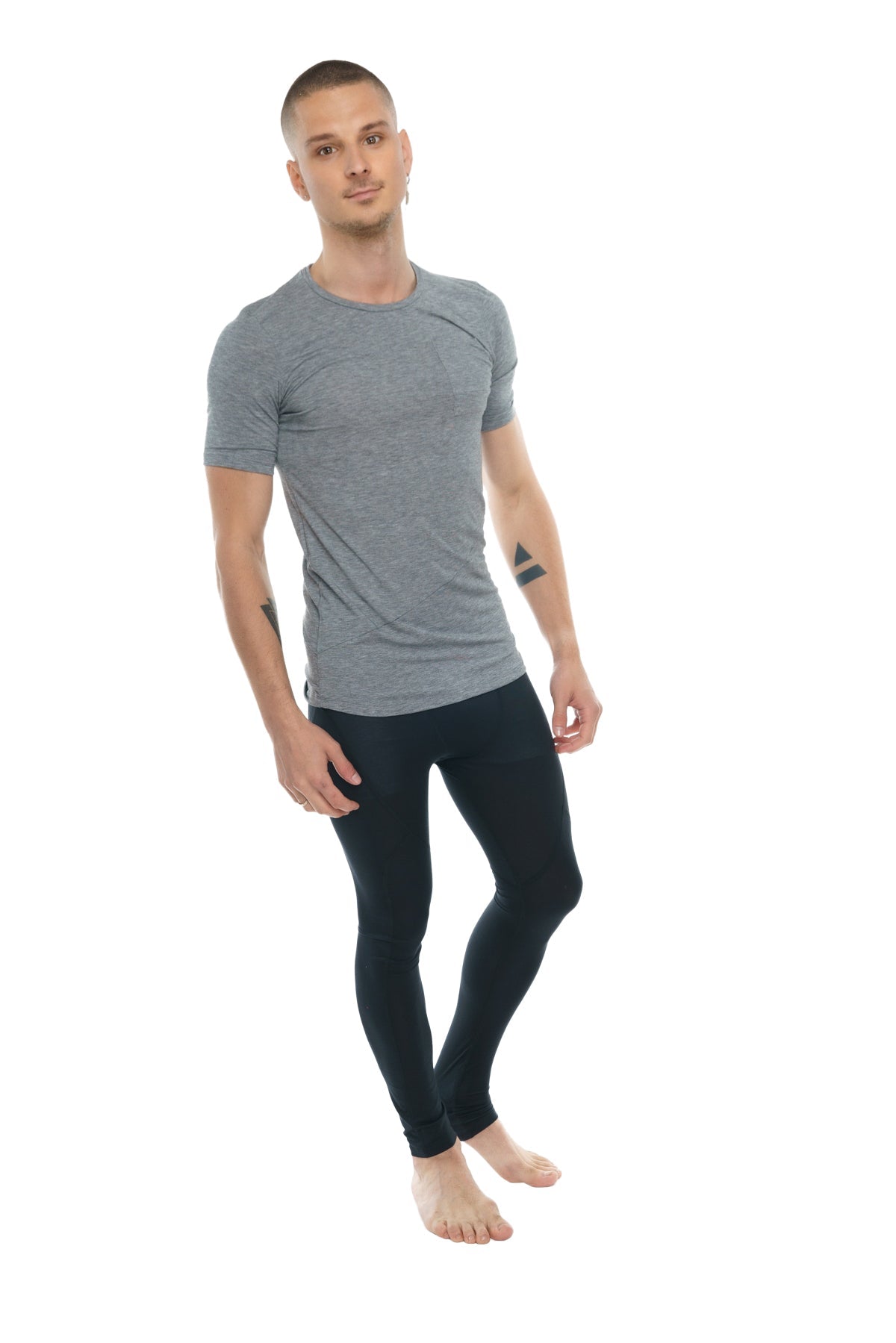 A sleek heather gray short-sleeved athletic pocket crew-neck tee with a subtle textured pattern and ribbed neckline