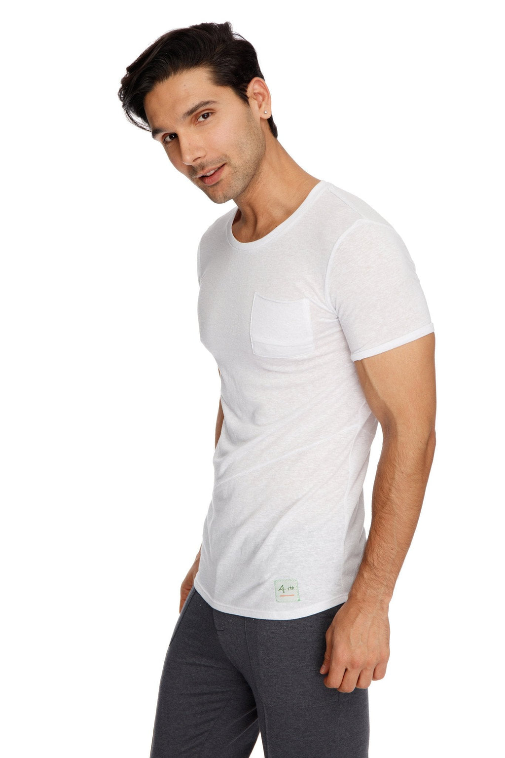 White slub perfect pocket crew-neck tee with chest pocket and small brand tag at bottom hem