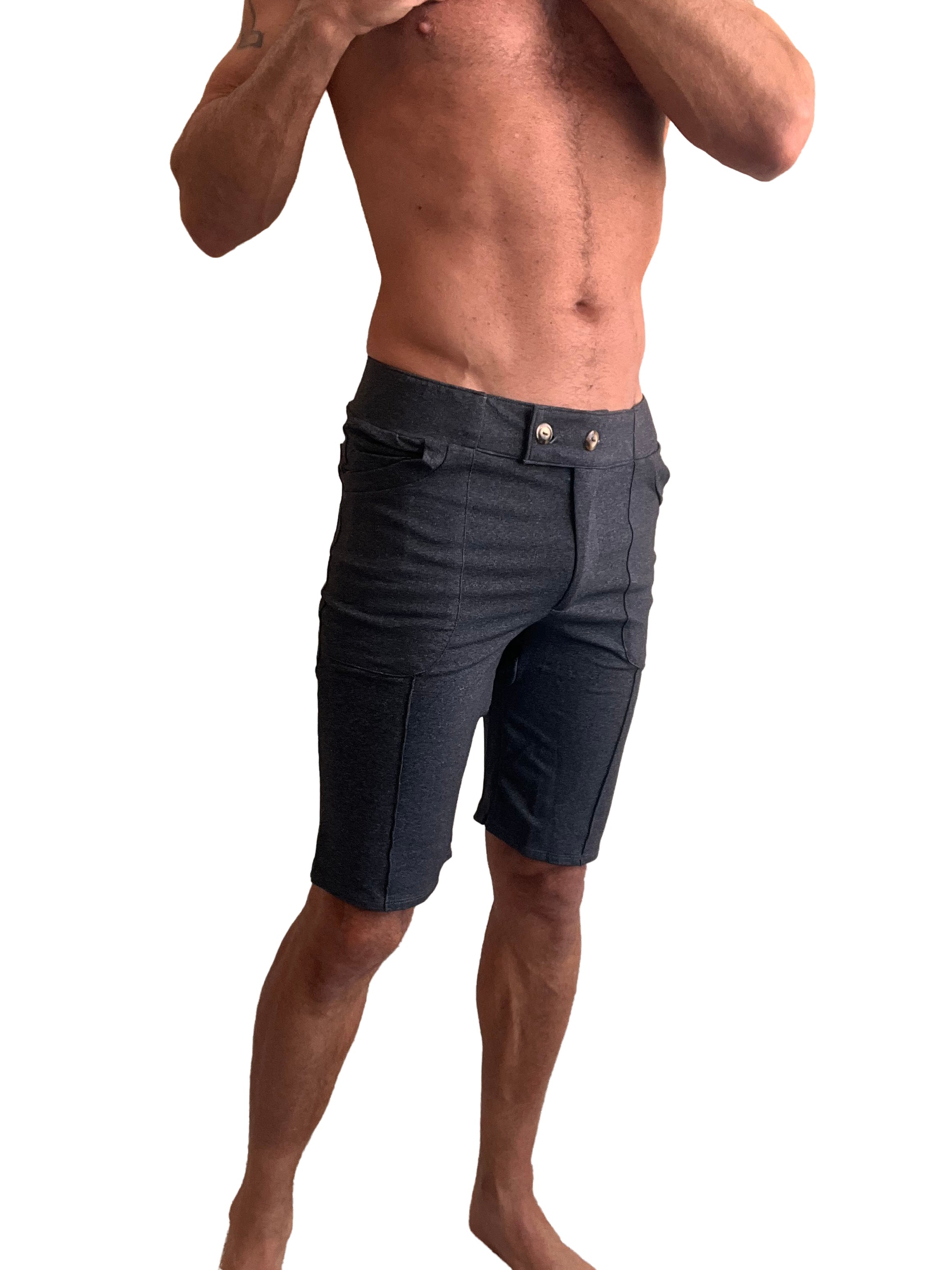 Dark gray durable fabric performance premium urban tactical dress shorts with modern tailored fit and subtle stitching details