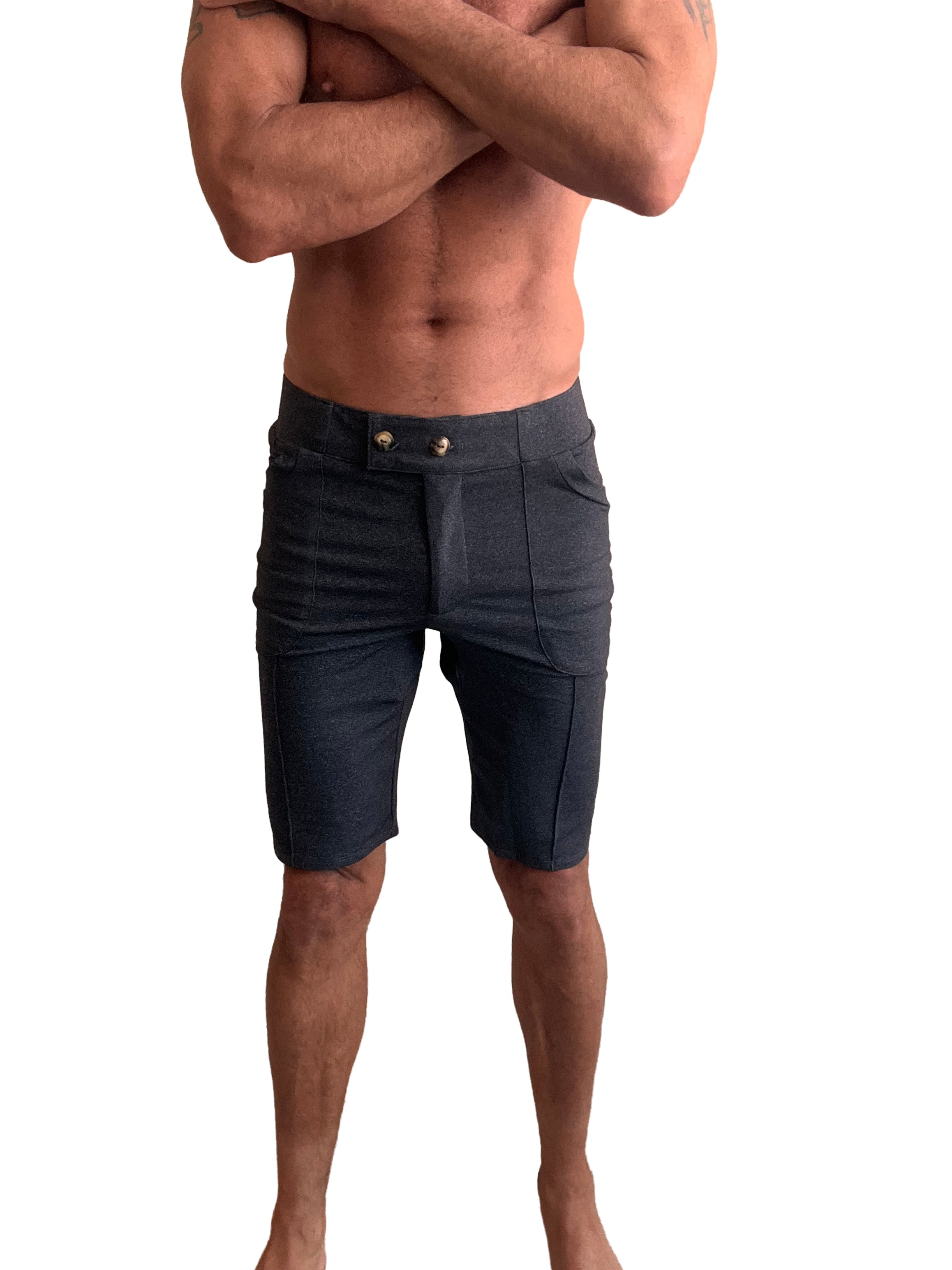 Performance premium urban tactical dress shorts in dark blue denim with tailored fit and gold tone button closures