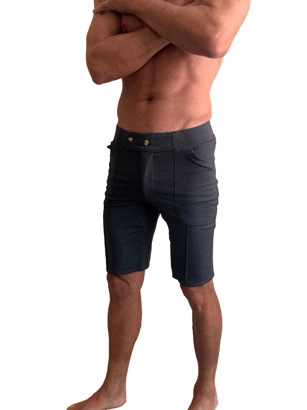 Performance premium urban tactical dress shorts in charcoal heather with dark gray denim and gold-tone buttons