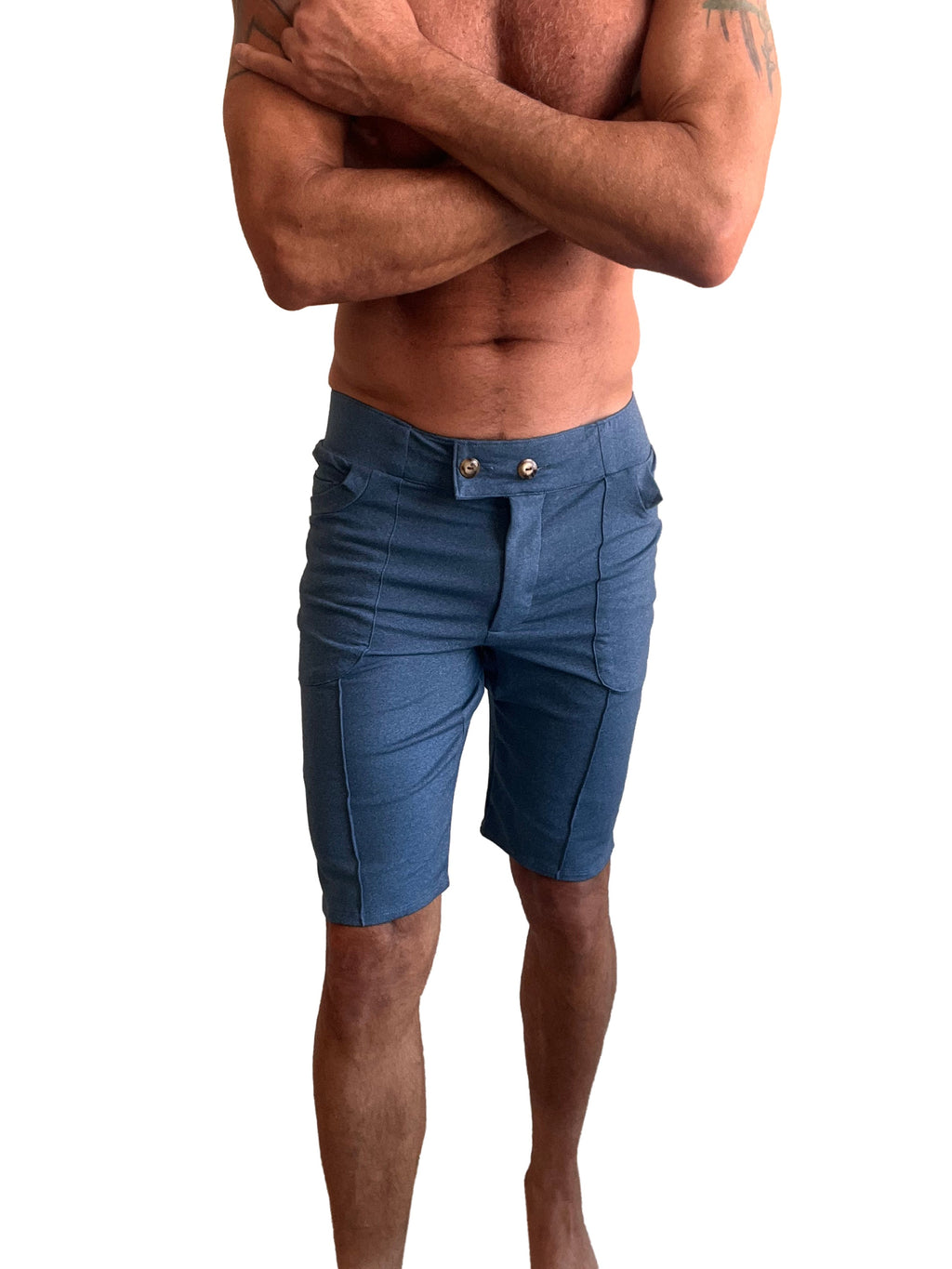 Performance premium urban tactical dress shorts in coral blue heather with tailored fit and silver button closures