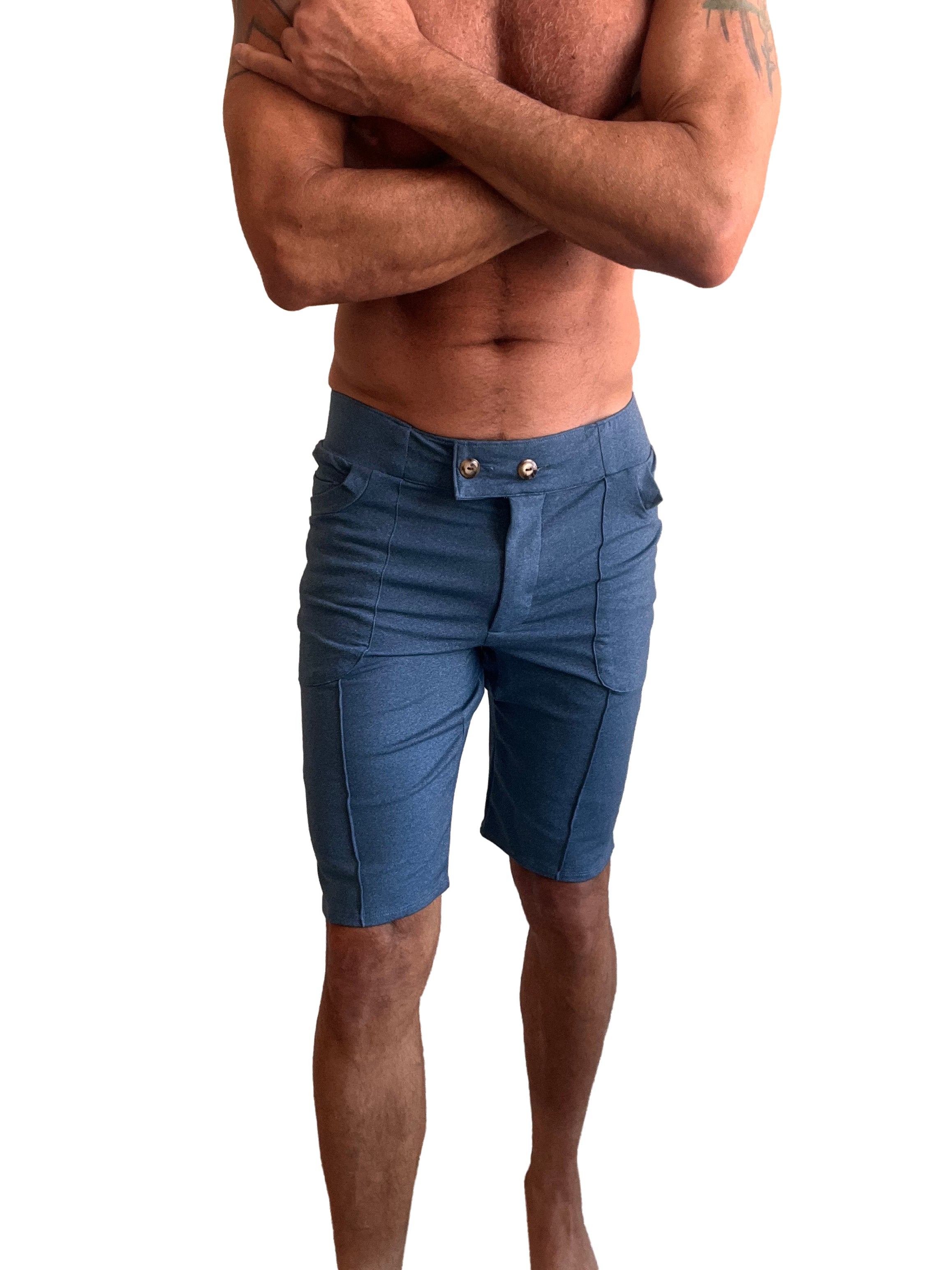 Performance premium urban tactical dress shorts in coral blue heather with tailored fit and silver button closures