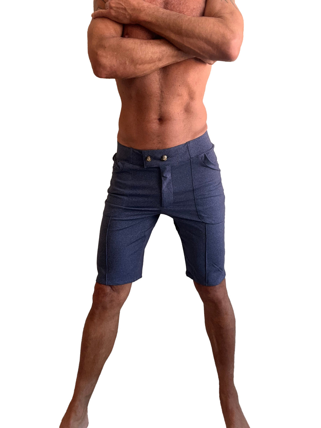 Performance premium urban tactical dress shorts in navy blue heather with tailored fit and buttoned waistband