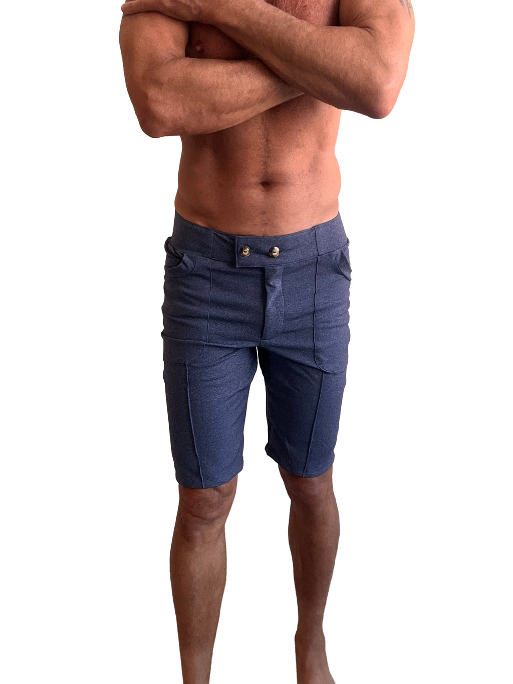 Performance premium urban tactical dress shorts in navy blue heather denim with two front pockets and silver button closures