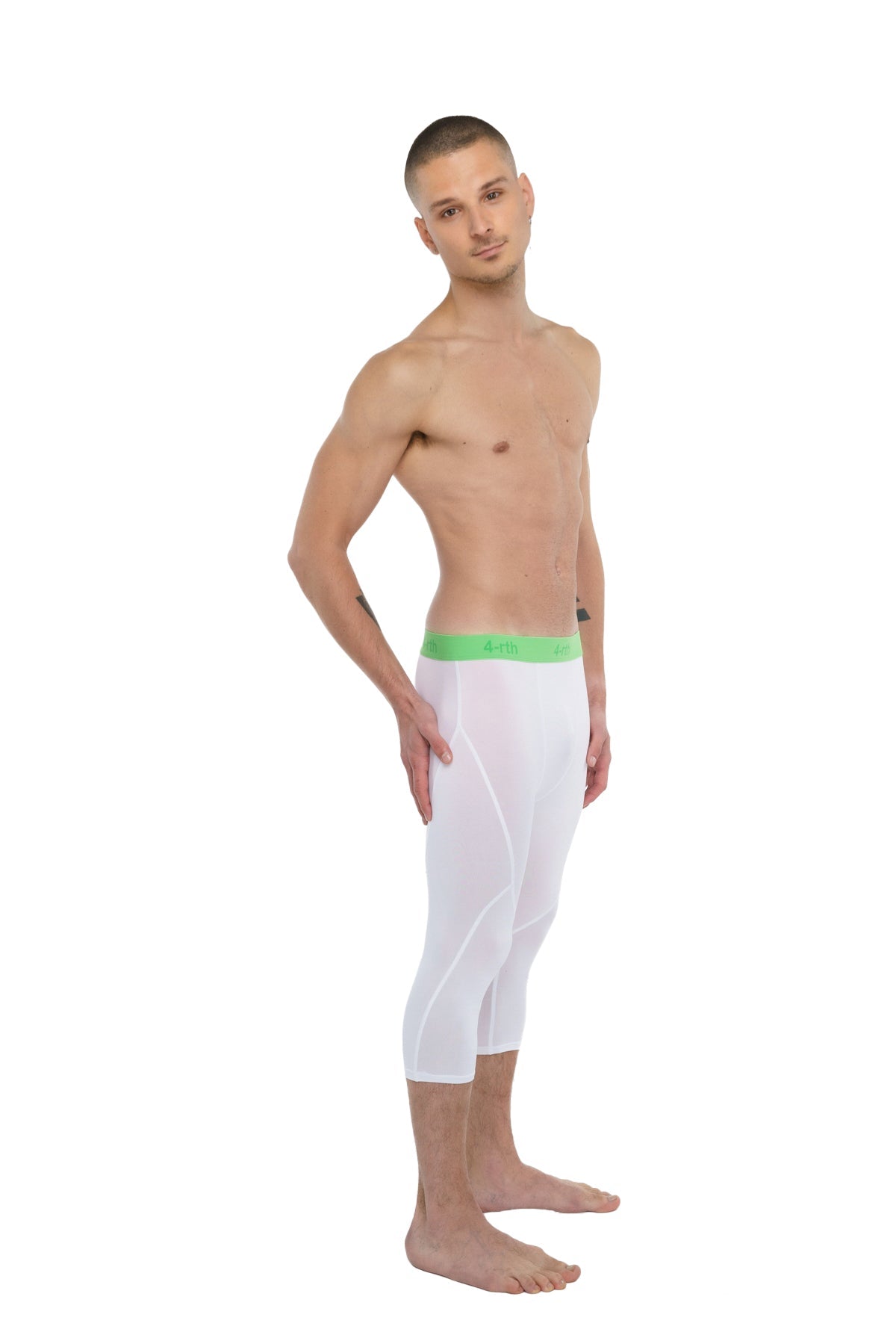 Performance yoga leggings 3/4 in arctic white with bright green elastic waistband and capri length for active wear
