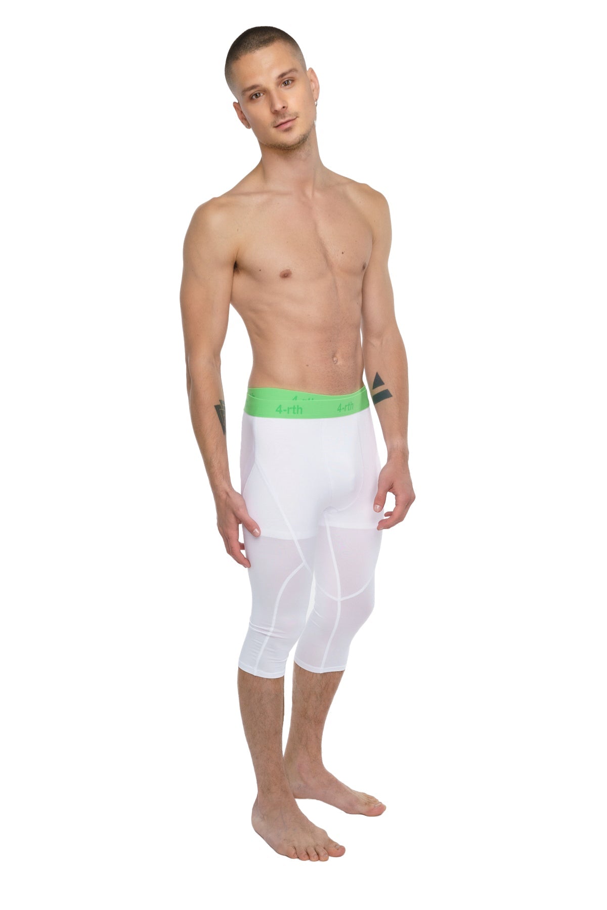 White athletic capri leggings with bright green waistband designed for performance yoga in arctic white color