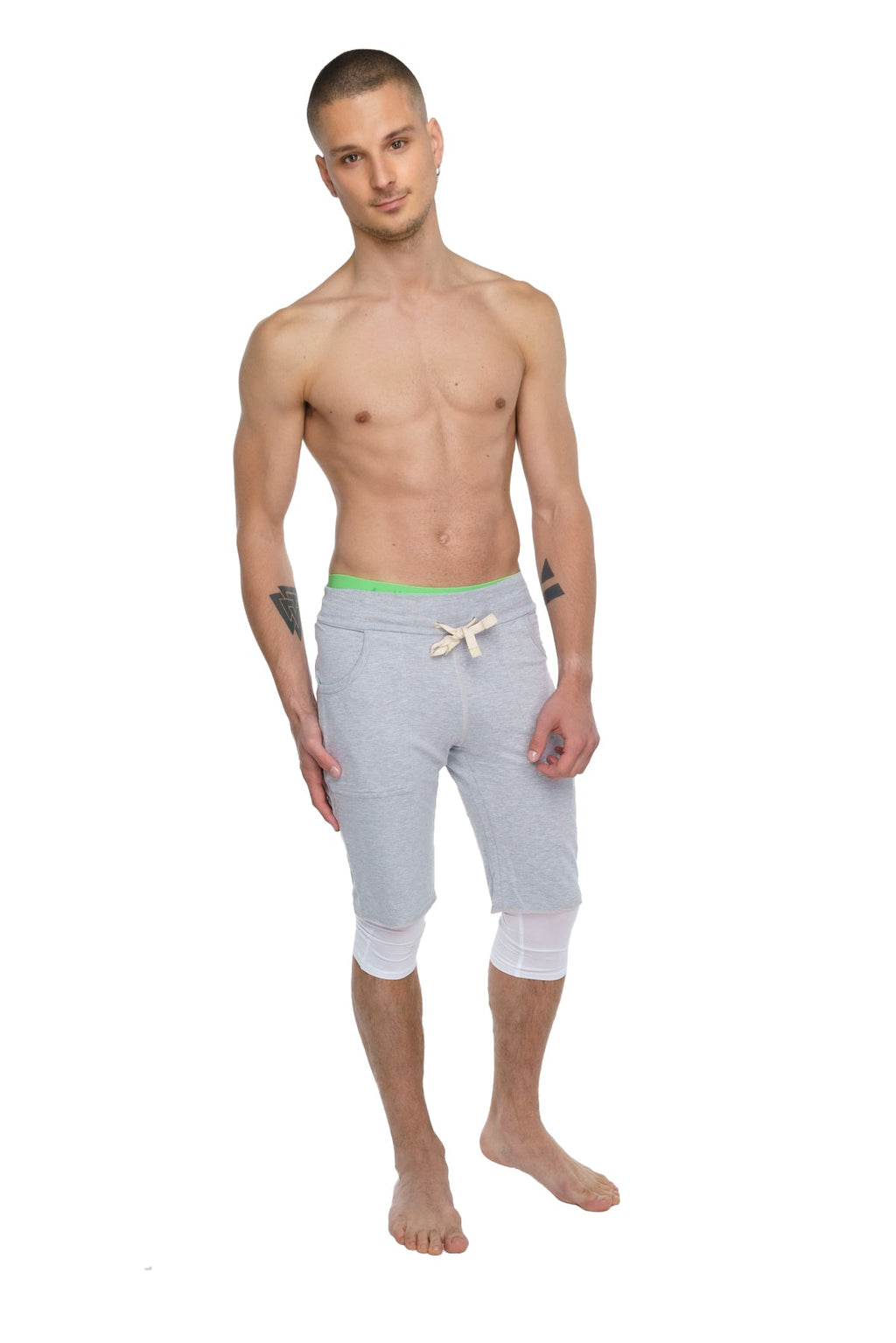 Performance yoga leggings 3/4 in arctic white with light gray shorts and neon green waistband with white drawstring