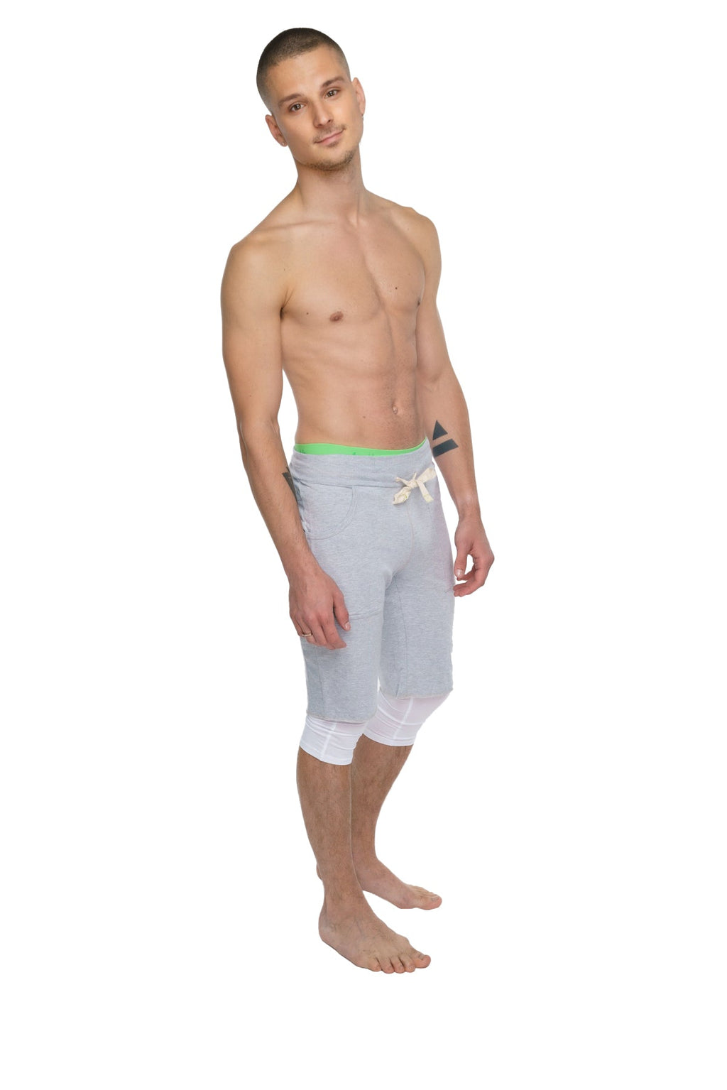 Performance yoga leggings 3/4 arctic white with light gray semi transparent shorts neon green waistband and white drawstring