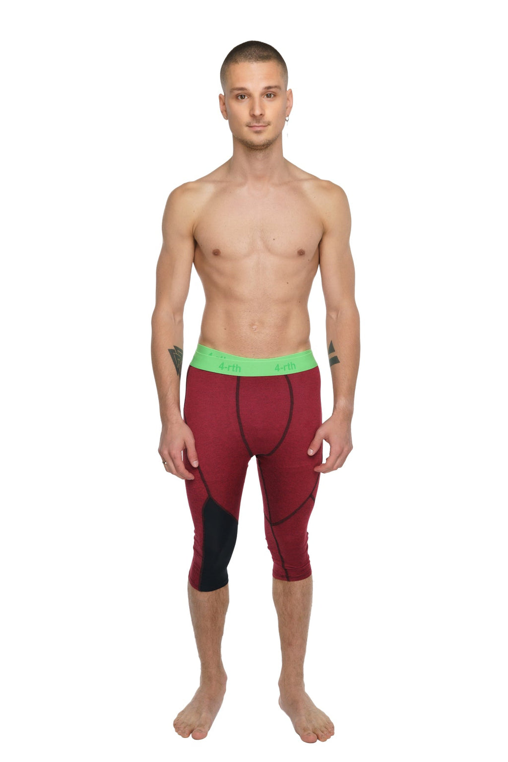 Performance yoga leggings 3/4 in brick red heather with maroon and black fabric and bright green waistband
