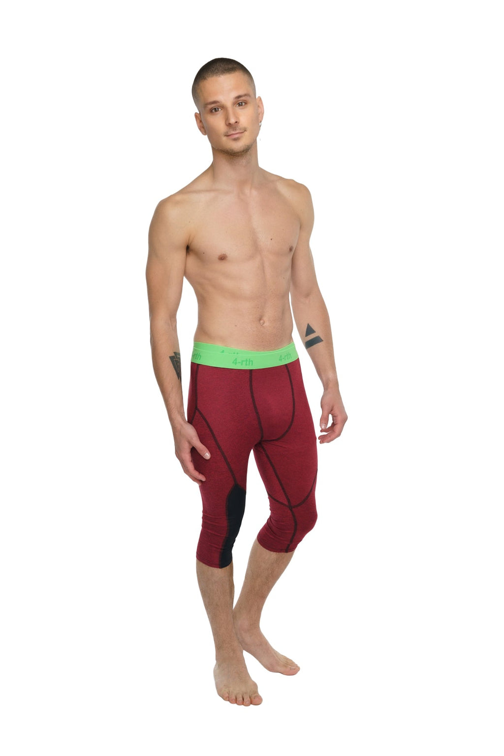 Performance yoga leggings 3/4 in brick red heather with a bright green waistband and black panel accents