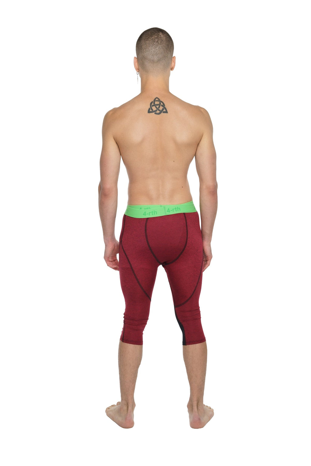 Performance yoga leggings 3/4 length in brick red heather with maroon compression fabric and bright green waistband