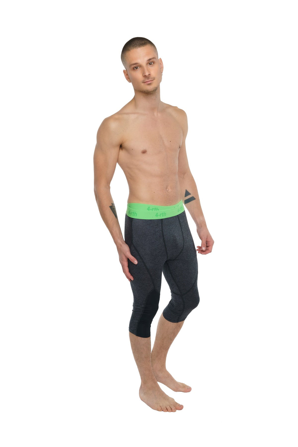 Performance yoga leggings 3/4 charcoal heather black compression capri with bright green waistband front view