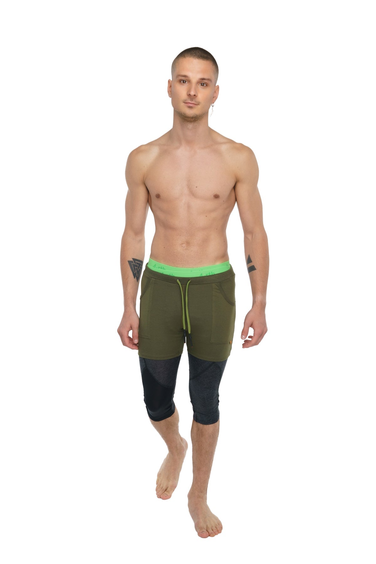 Performance yoga leggings 3/4 charcoal heather with olive green and black fabric and neon green drawstring waistband