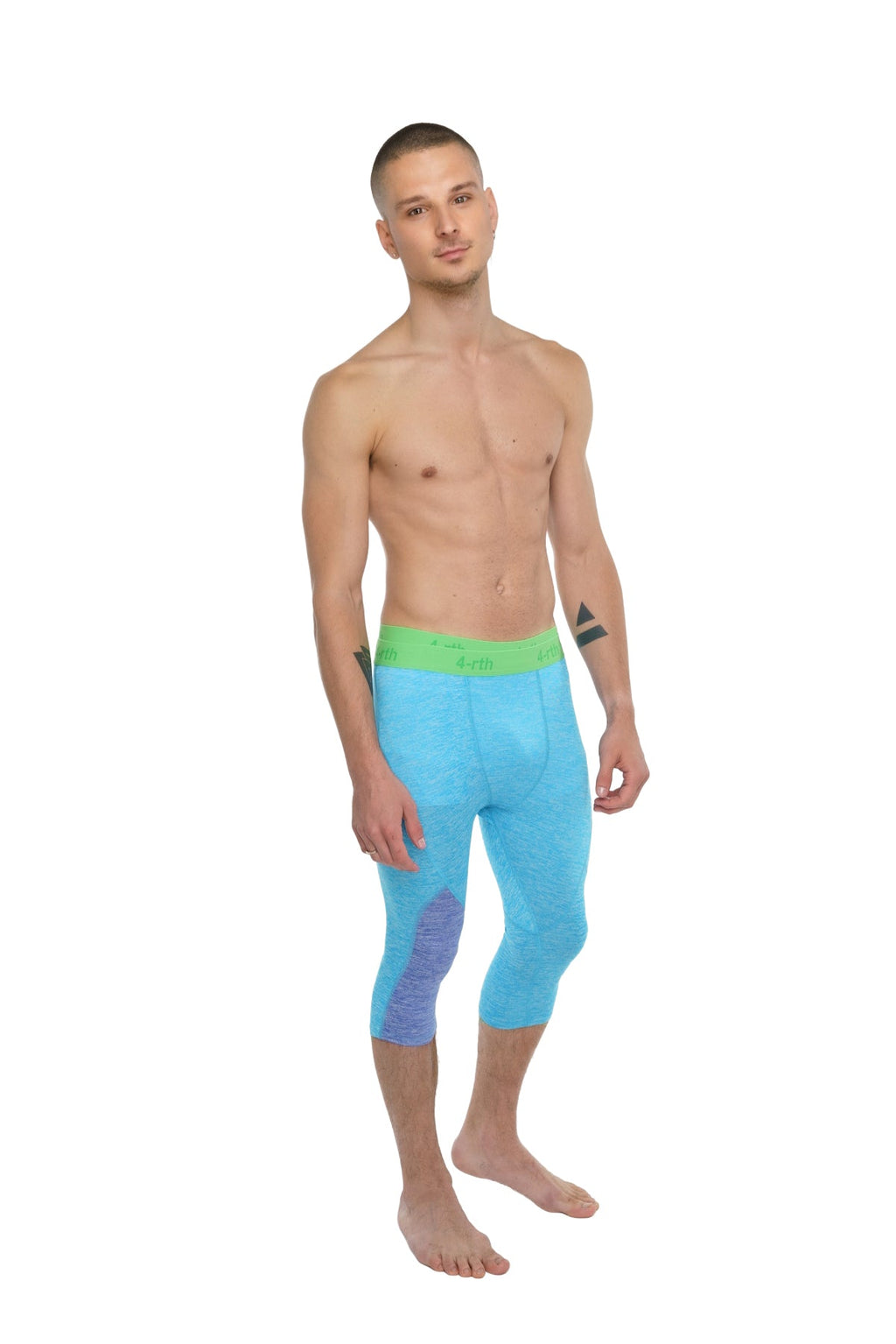 Performance yoga leggings 3/4 in light blue with vibrant green waistband and purple gradient detailing on the left thigh
