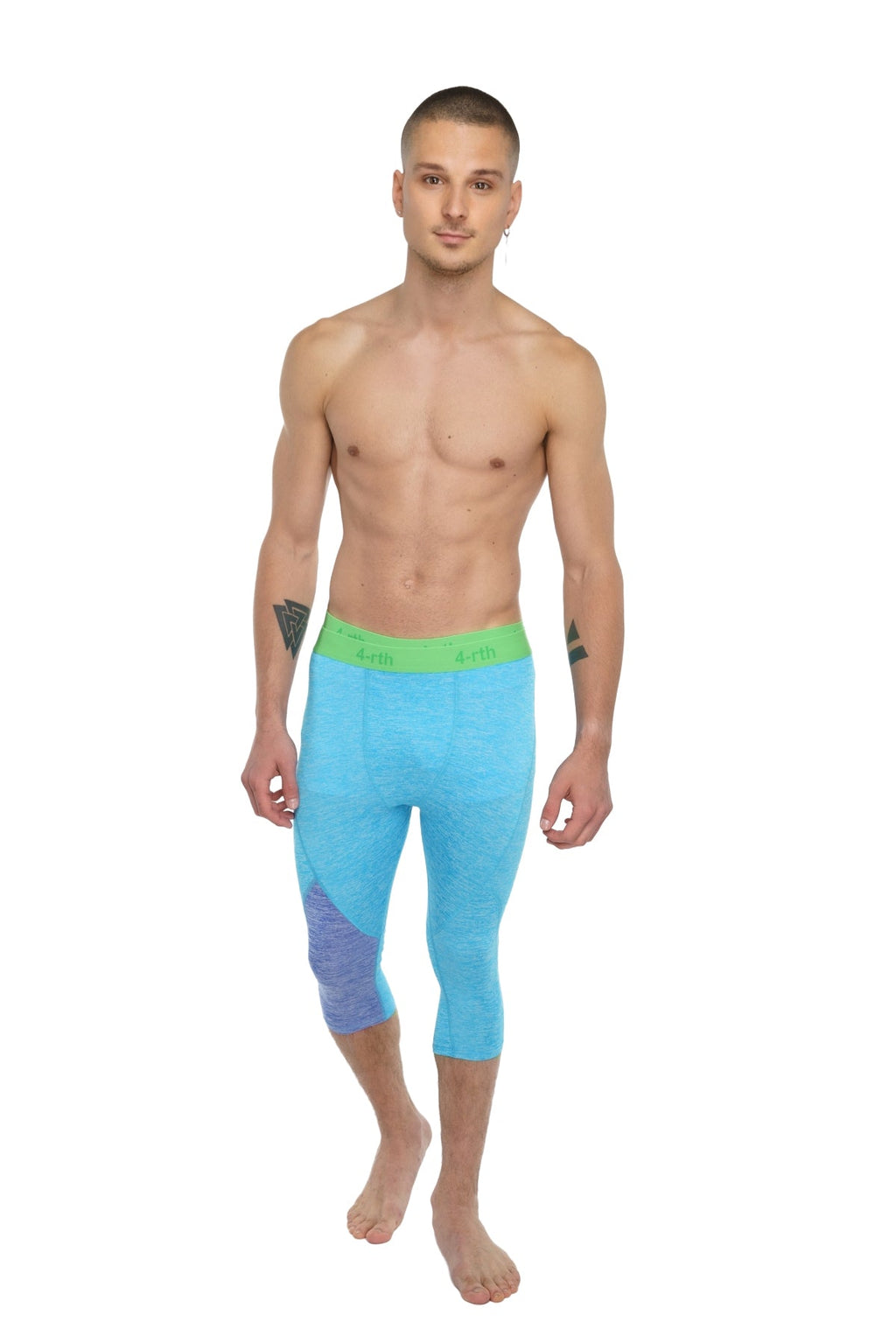 Performance yoga leggings 3/4 in light blue with a vibrant green waistband and subtle purple gradient side detailing