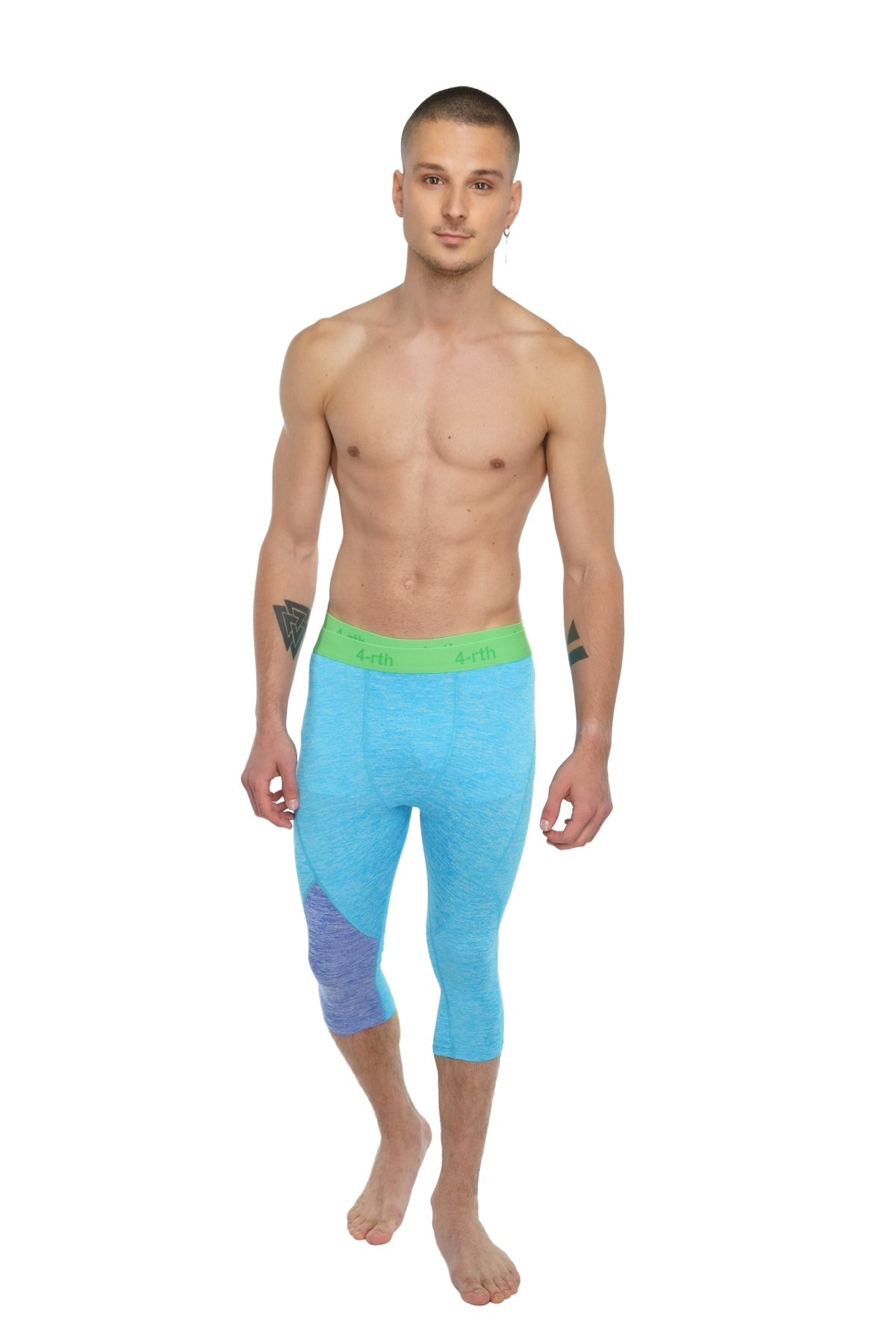Performance yoga leggings 3/4 in light blue with a vibrant green waistband and subtle purple gradient side detailing