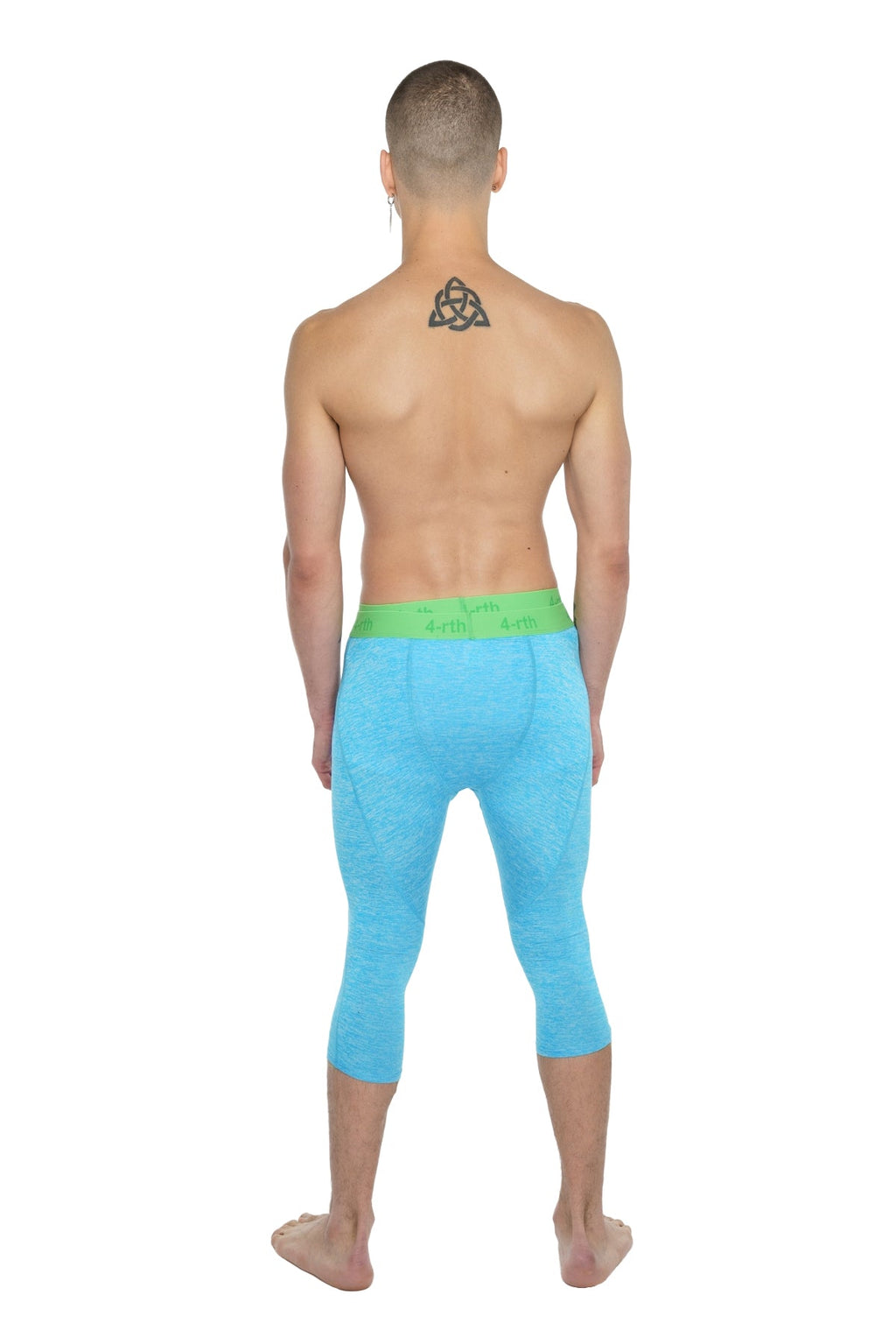 Performance yoga leggings 3/4 in bright blue with neon green waistband featuring form-fitting capri length
