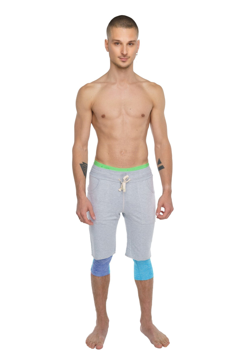 Performance yoga leggings 3/4 coral heather with light gray shorts neon green waistband and blue knee patches