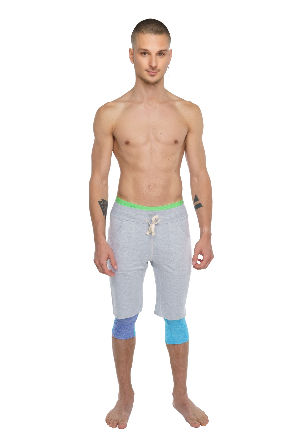 Performance yoga leggings 3/4 coral heather with light gray shorts neon green waistband and blue knee patches