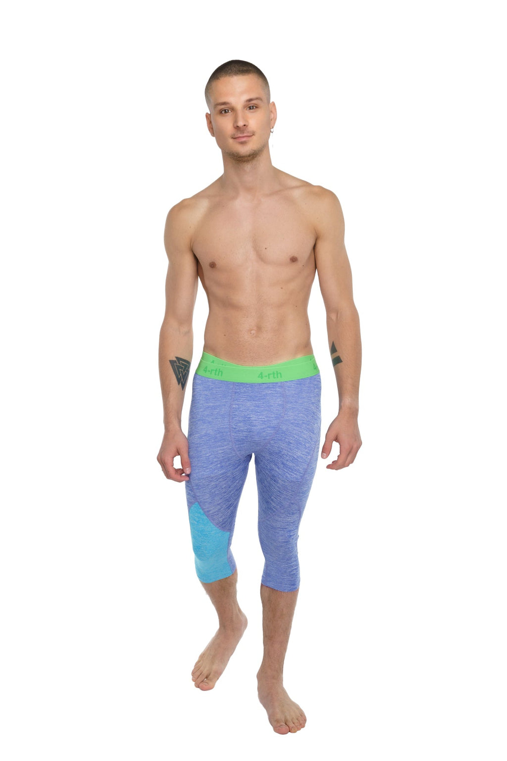 Performance yoga leggings 3/4 length in blue and teal gradient with bright green waistband for active wear