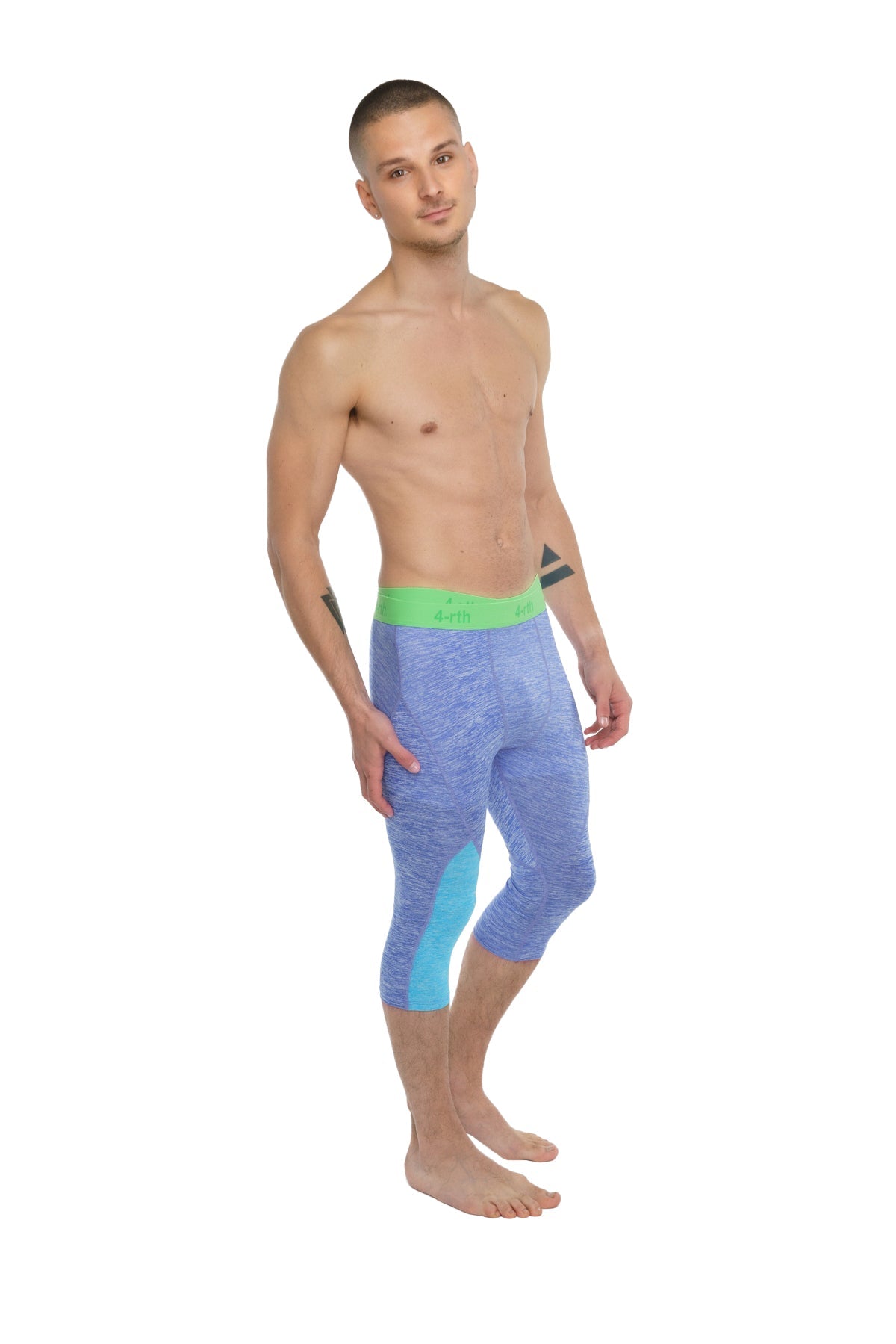 Performance yoga leggings 3/4 with blue and teal pattern and bright green waistband for athletic wear