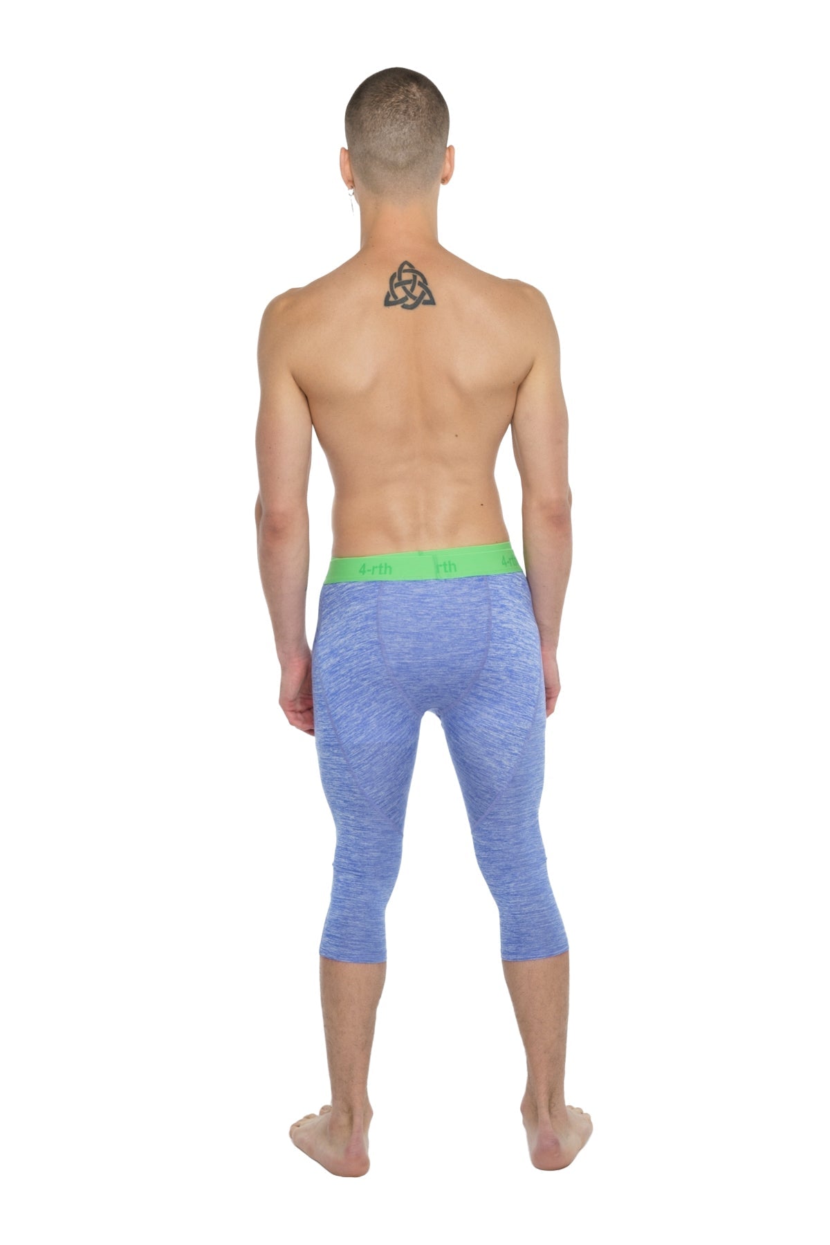 Performance yoga leggings 3/4 length in blue heathered fabric with bright green waistband designed for comfort and flexibility