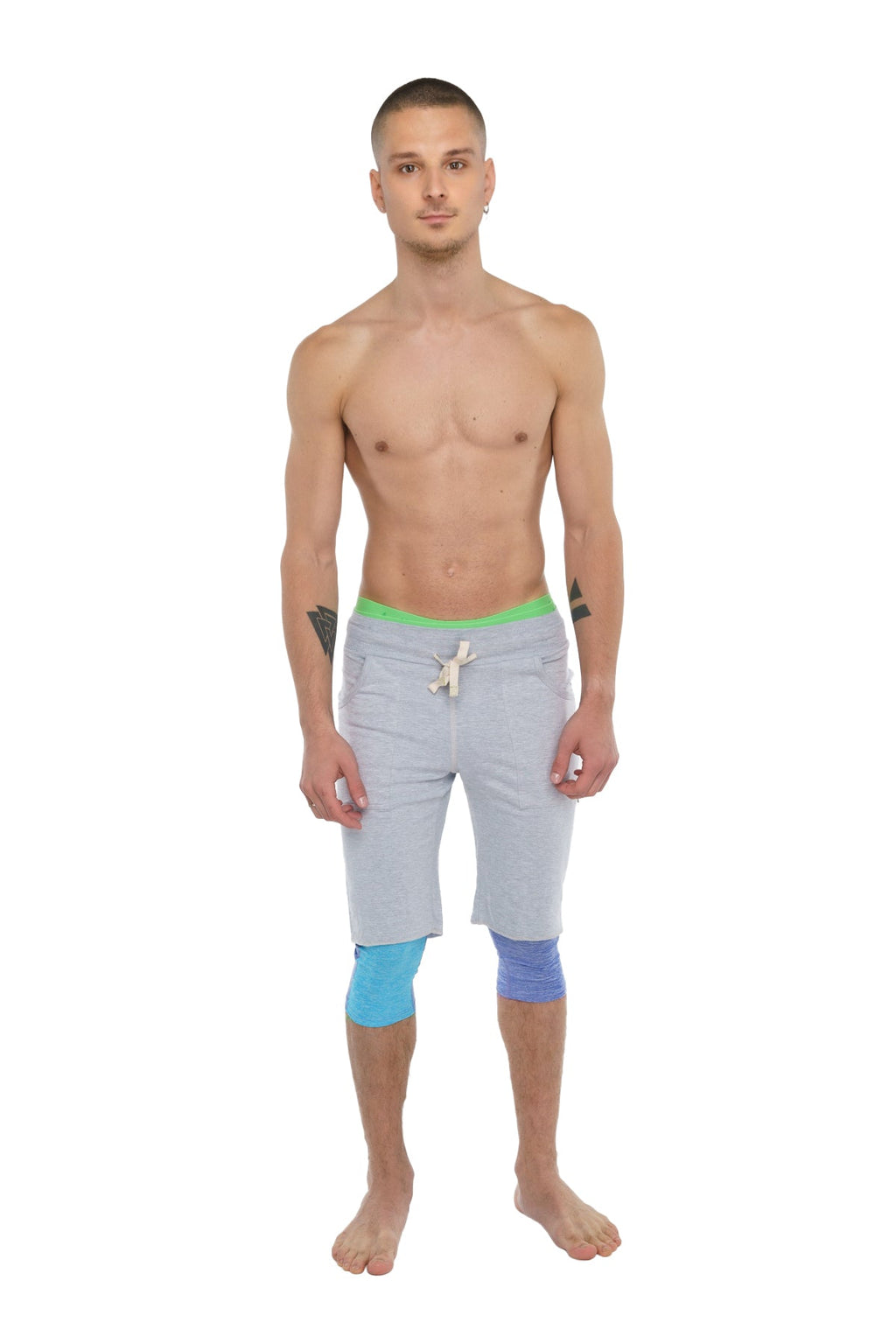 Performance yoga leggings 3/4 lavender heather with light gray shorts green waistband white drawstring and blue knee patches