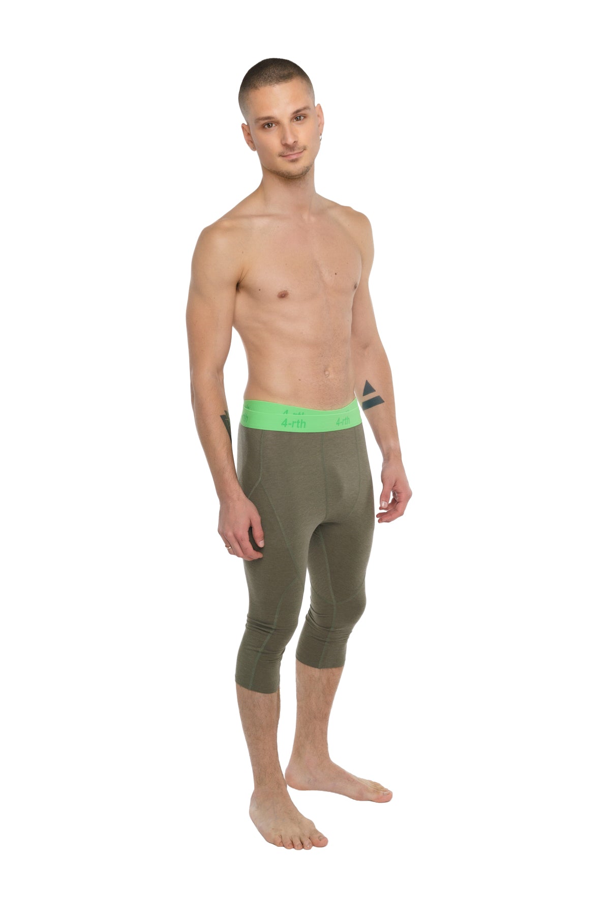 Performance yoga leggings 3/4 olive green capri length with bright neon green waistband for active wear