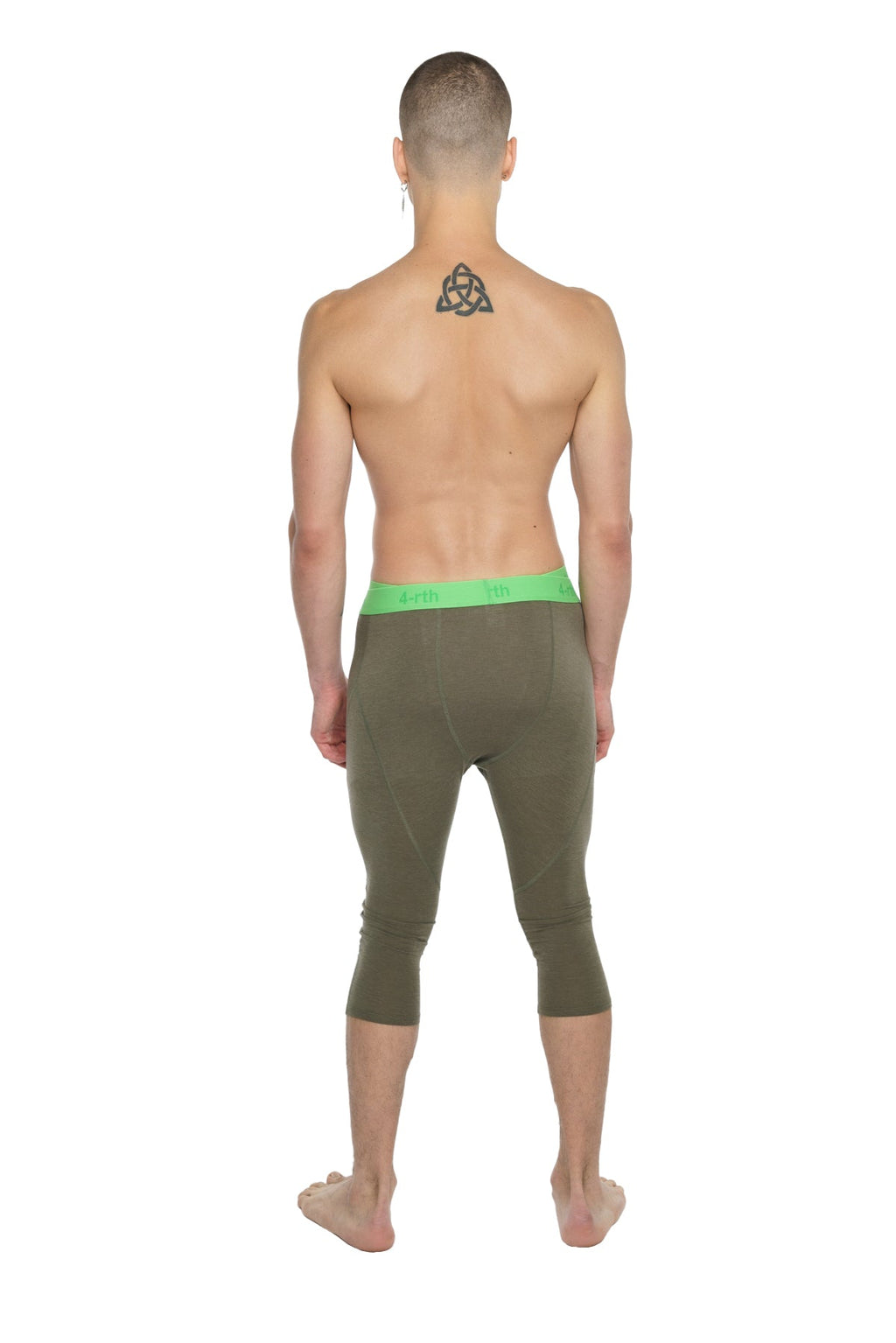 Olive green performance yoga leggings 3/4 length with a bright neon green waistband for activewear use