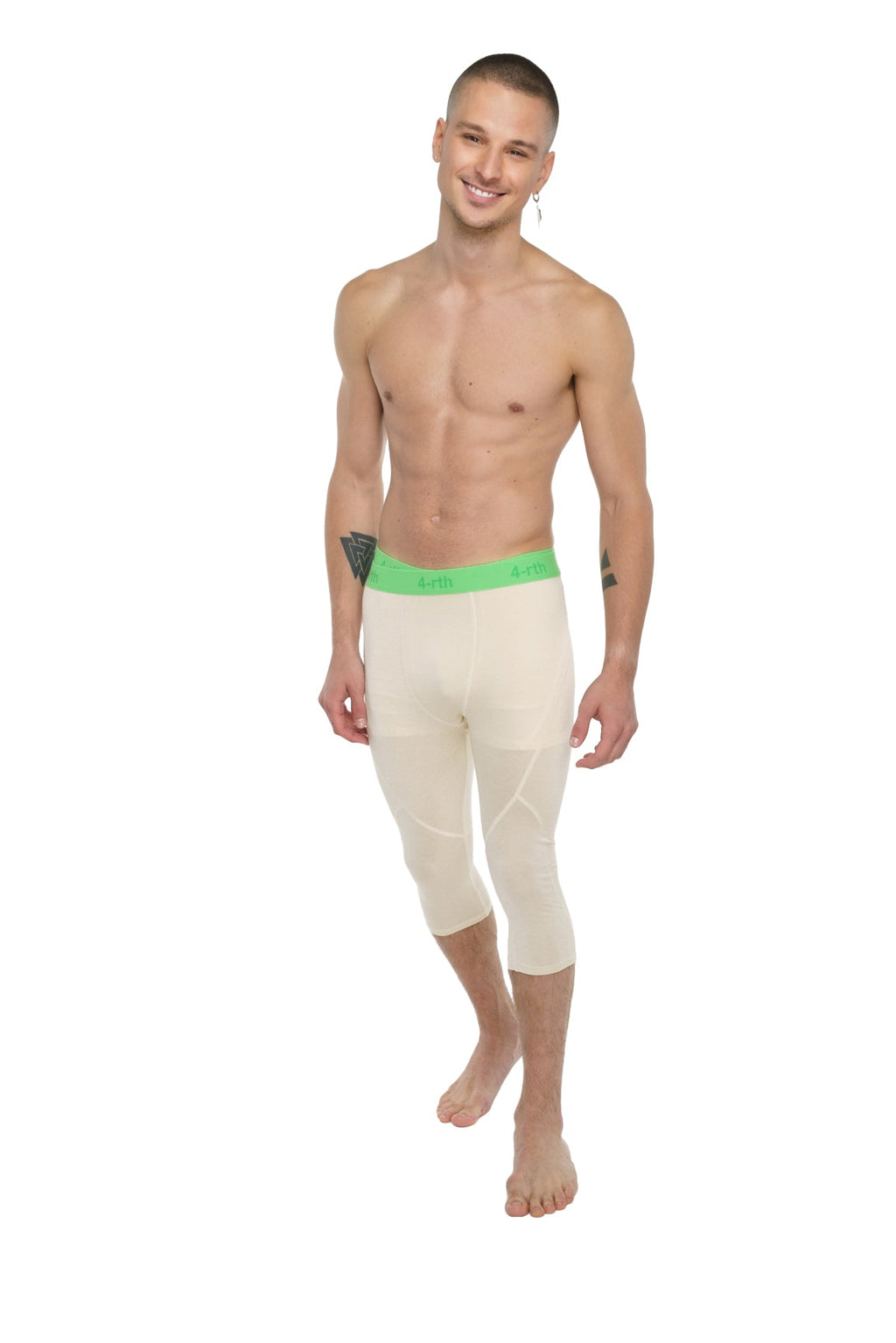 Cream-colored performance yoga leggings 3/4 with bright green waistband in sand beige for active wear