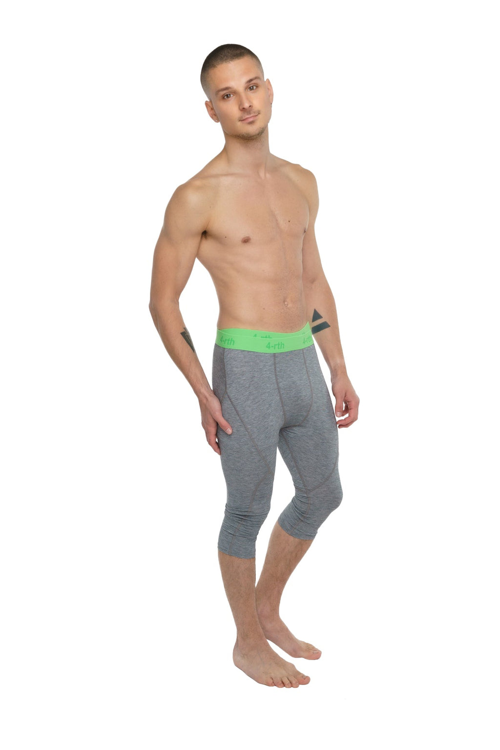Performance yoga leggings 3/4 length in steel heather with a bright green waistband for flexible workouts
