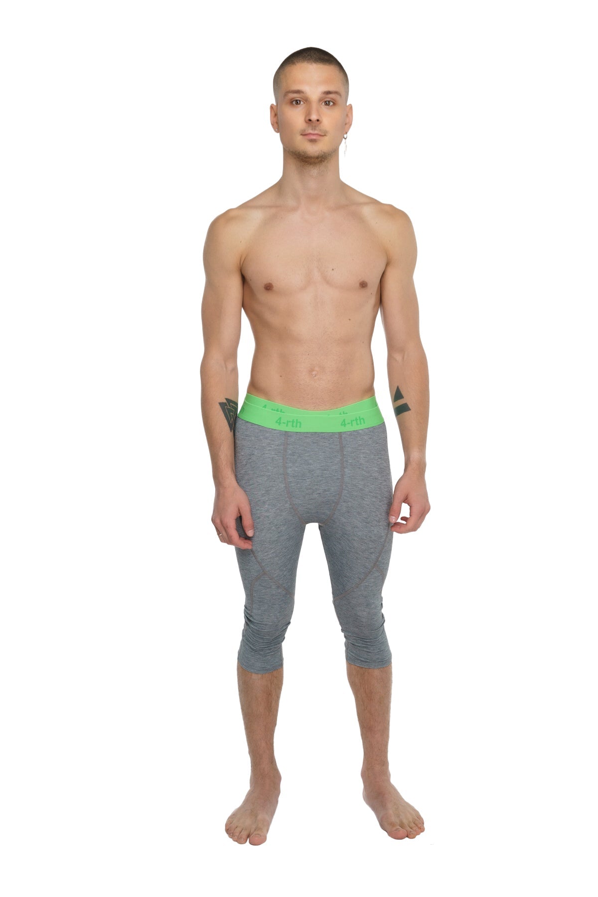 Performance yoga leggings 3/4 in steel heather gray with a bright green elastic waistband featuring the brand logo