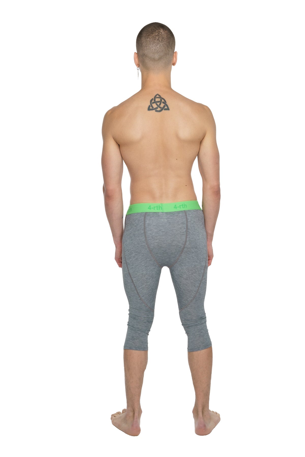 Performance yoga leggings 3/4 length in steel heather gray with bright green waistband and capri fit