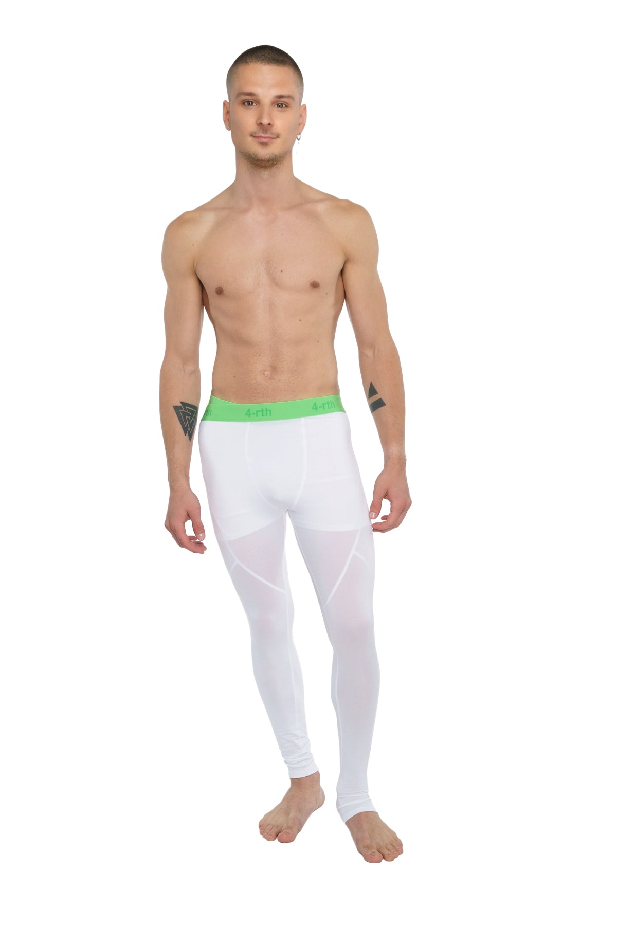 White athletic performance yoga leggings with bright green waistband designed for long wear and flexibility