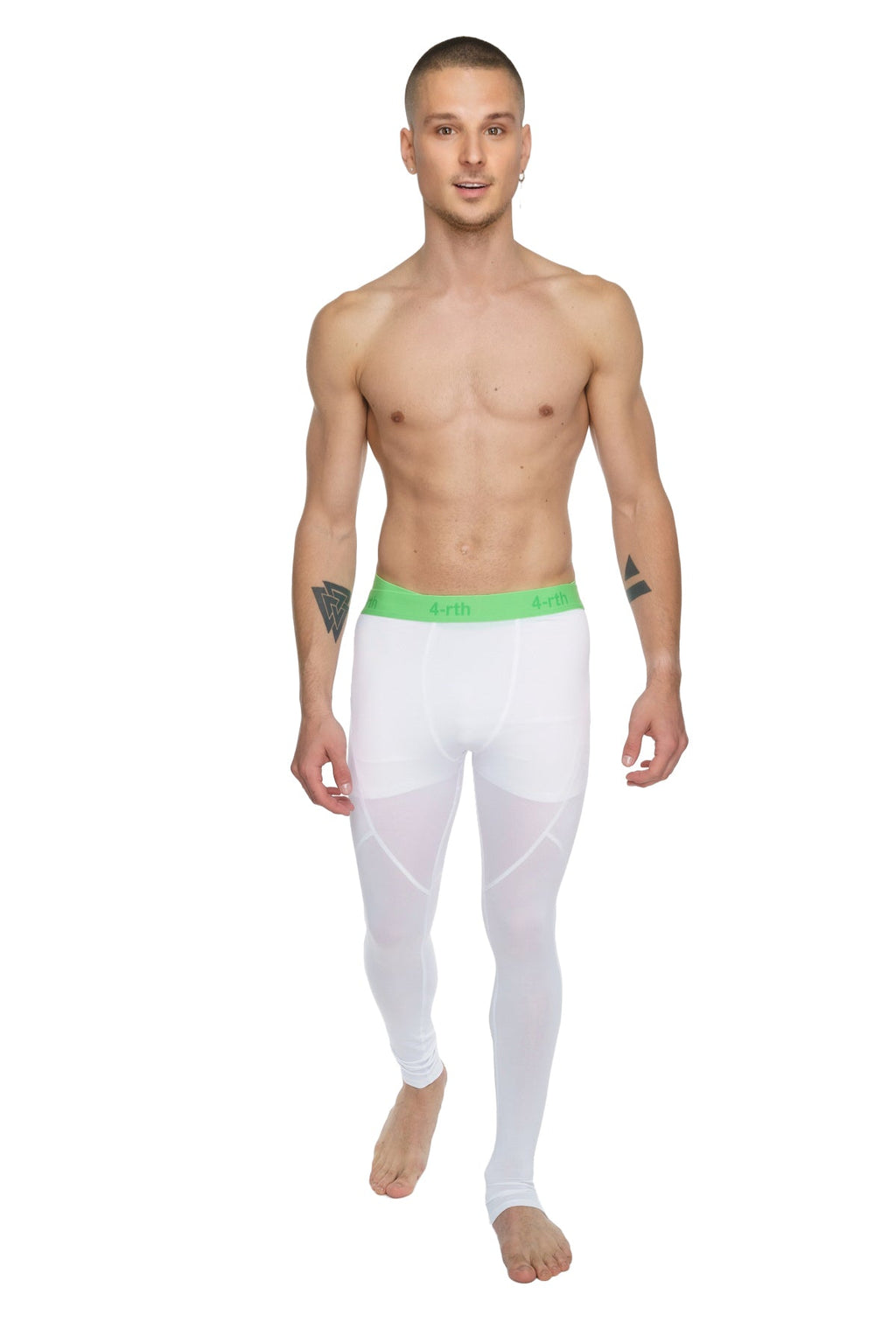 Performance yoga leggings long arctic white with bright green waistband and brand logo for compression support