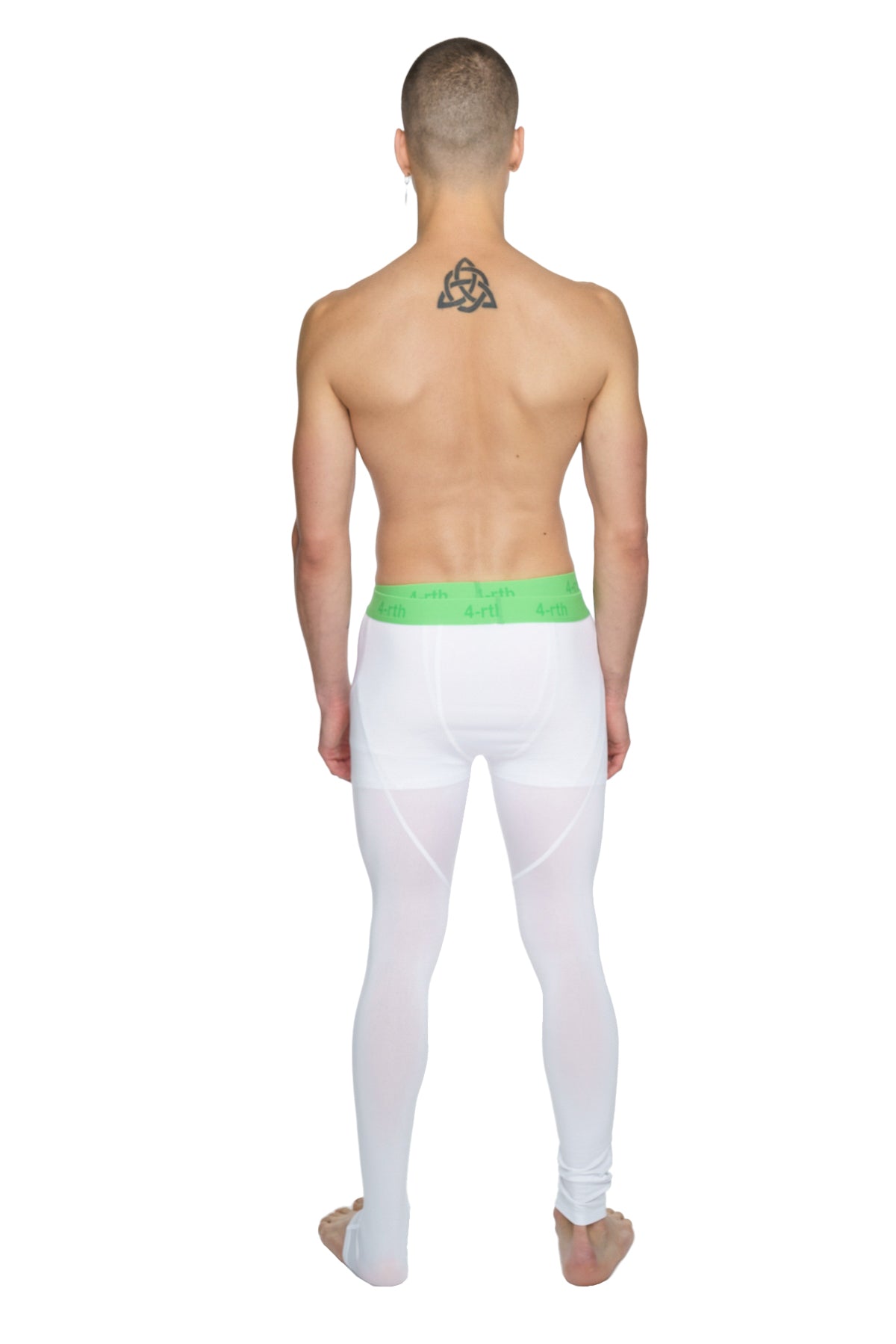 White performance yoga leggings with bright green waistband long design for flexible activewear use