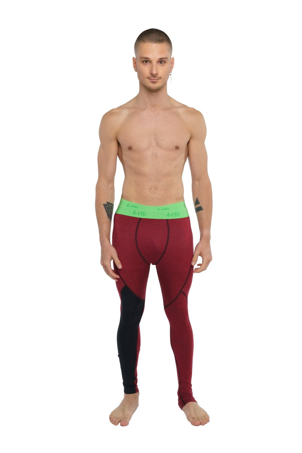 Performance yoga leggings long in brick red heather with bright green waistband made for athletic use