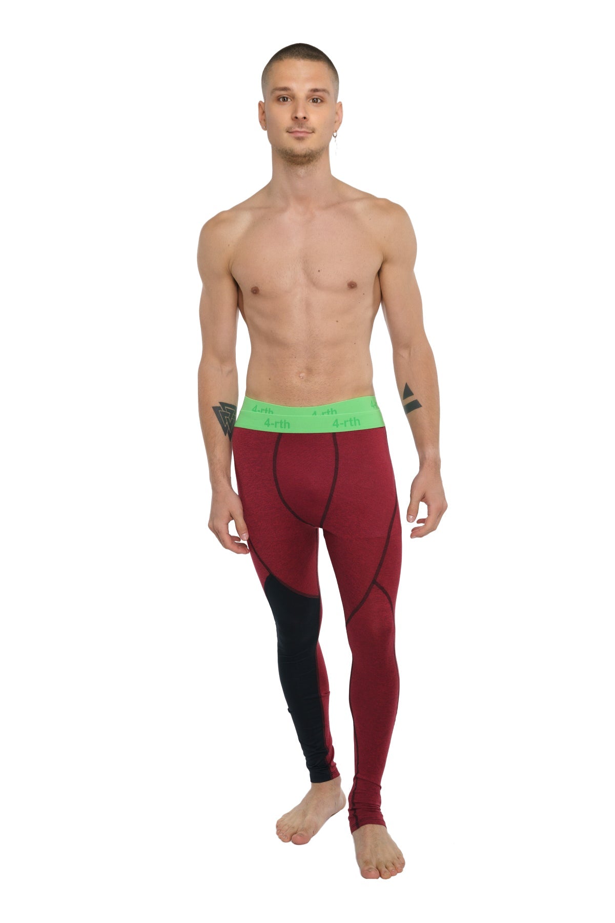 Performance yoga leggings long in brick red heather with bright green waistband designed for athletic use