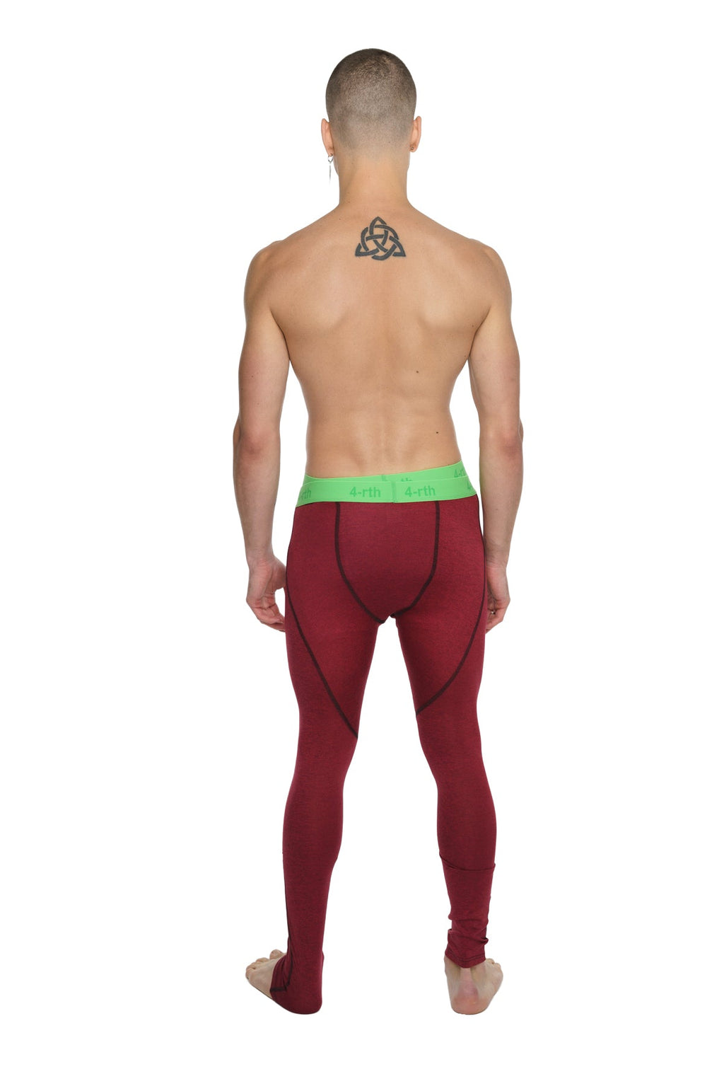 Performance yoga leggings long brick red heather with maroon compression fabric and bright green waistband for support