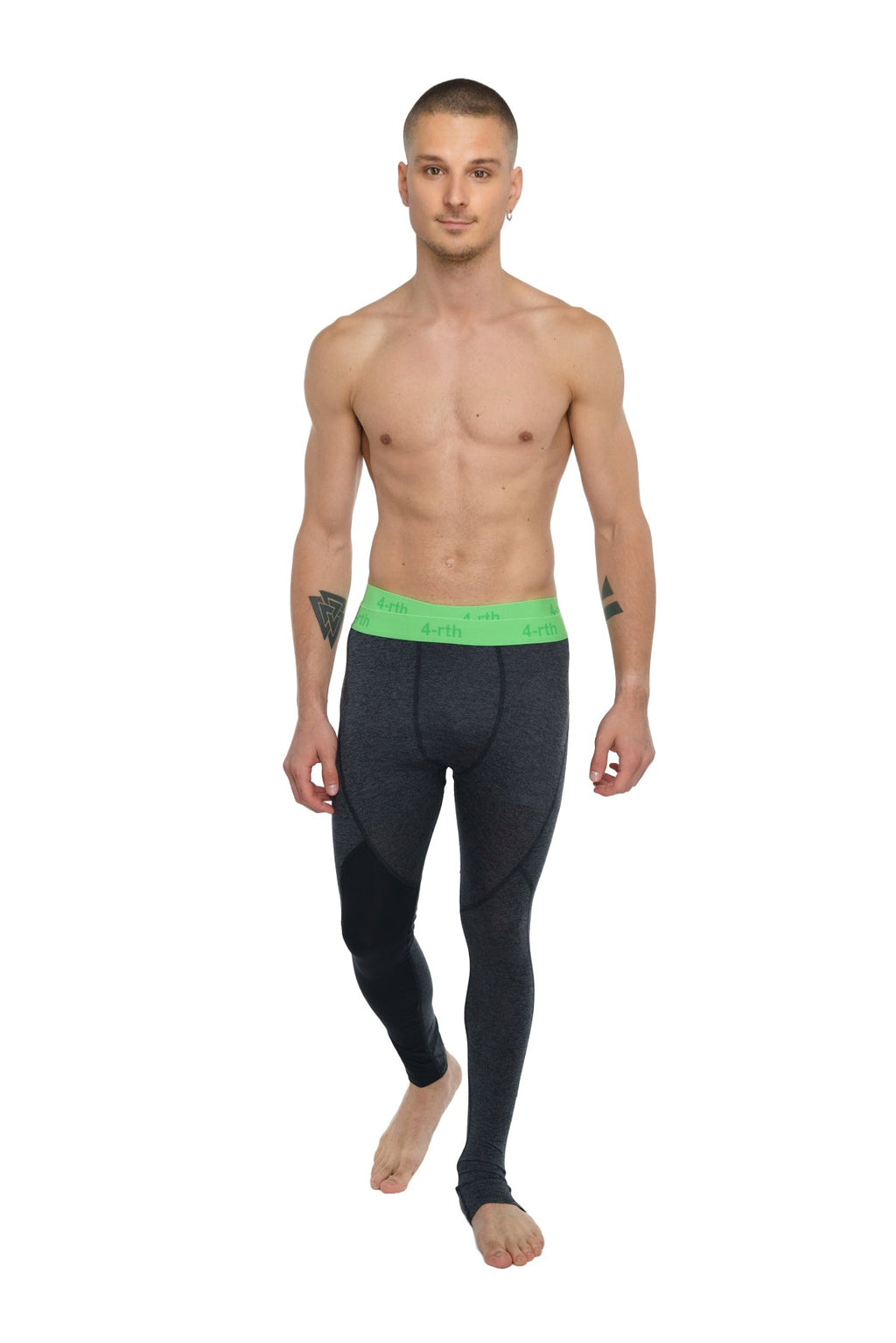 Performance yoga leggings long charcoal heather with black compression fabric and bright green 4-7 waistband