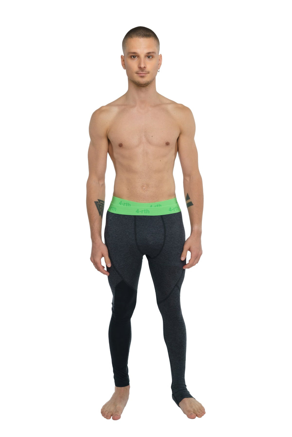 Black performance yoga leggings with bright green waistband and white text in charcoal heather fabric