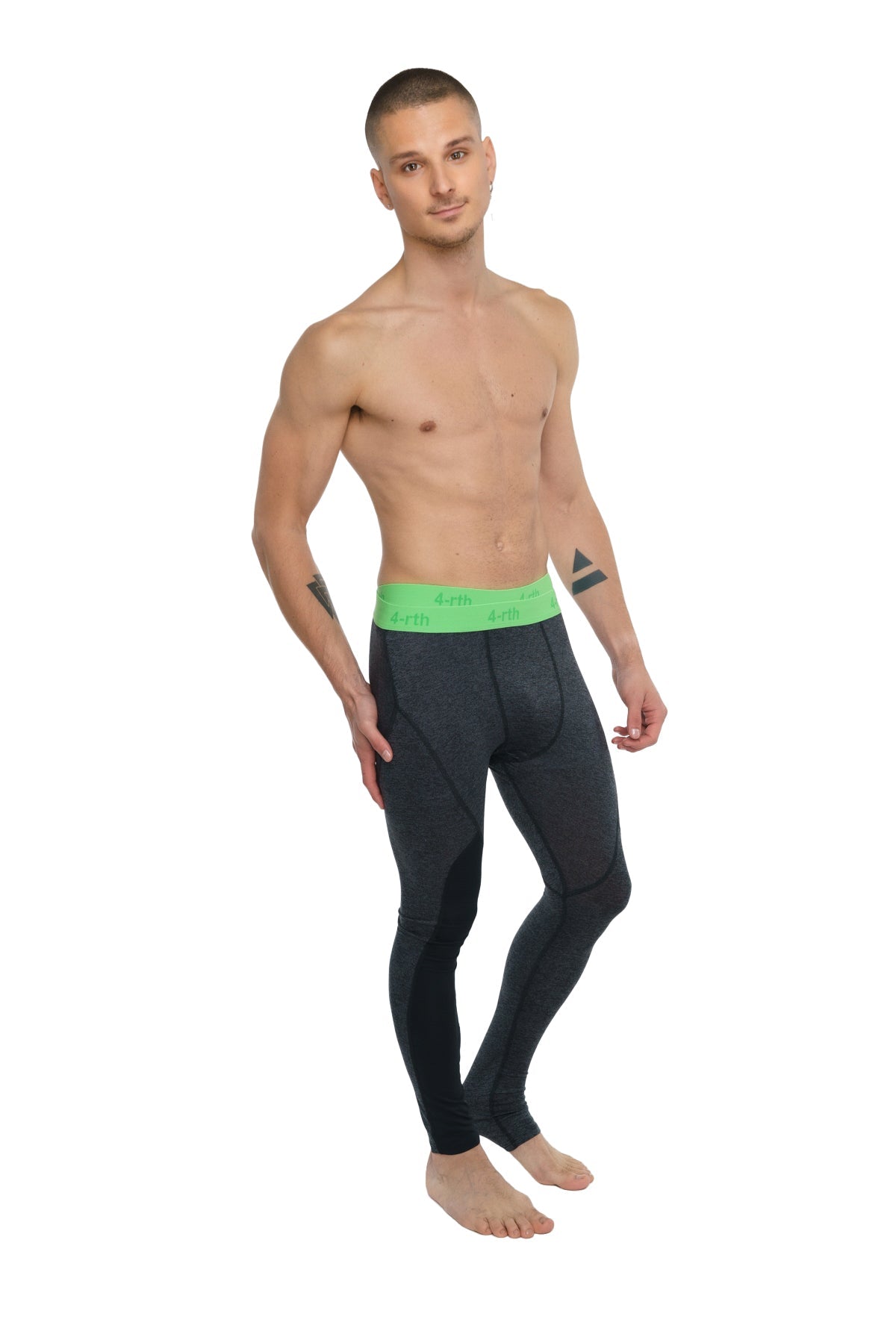 Performance yoga leggings long charcoal heather in black with bright green waistband featuring white text and logos